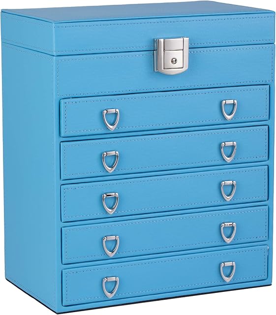 B-AIMS Jewellery Box 6-Tier Large Jewelry Case with Drawers Mirror and Lock Storage Organizer for Bracelets Earrings Rings Necklaces Watches Gift (blue, M)