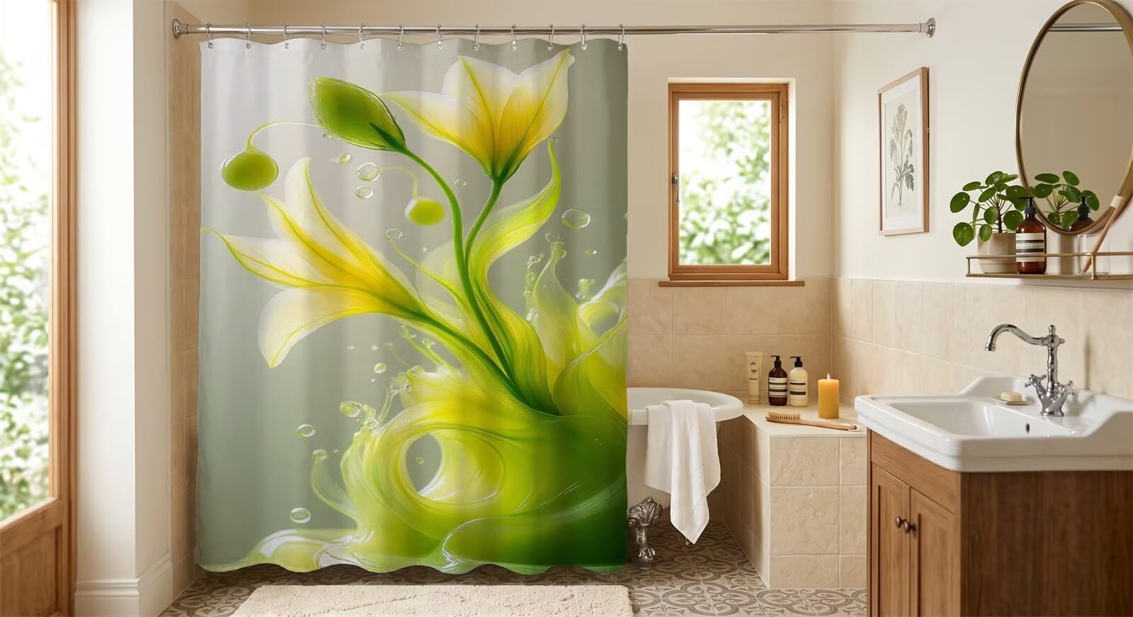 Fiori Fantasia Verdi Tenda da Doccia Antimuffa in Impermeabile,Tenda per Vasca da Bagno Lavabile con 16 Ganci,Poliestere di Alta Qualità per Arredo Bagno,300 x 200 cm