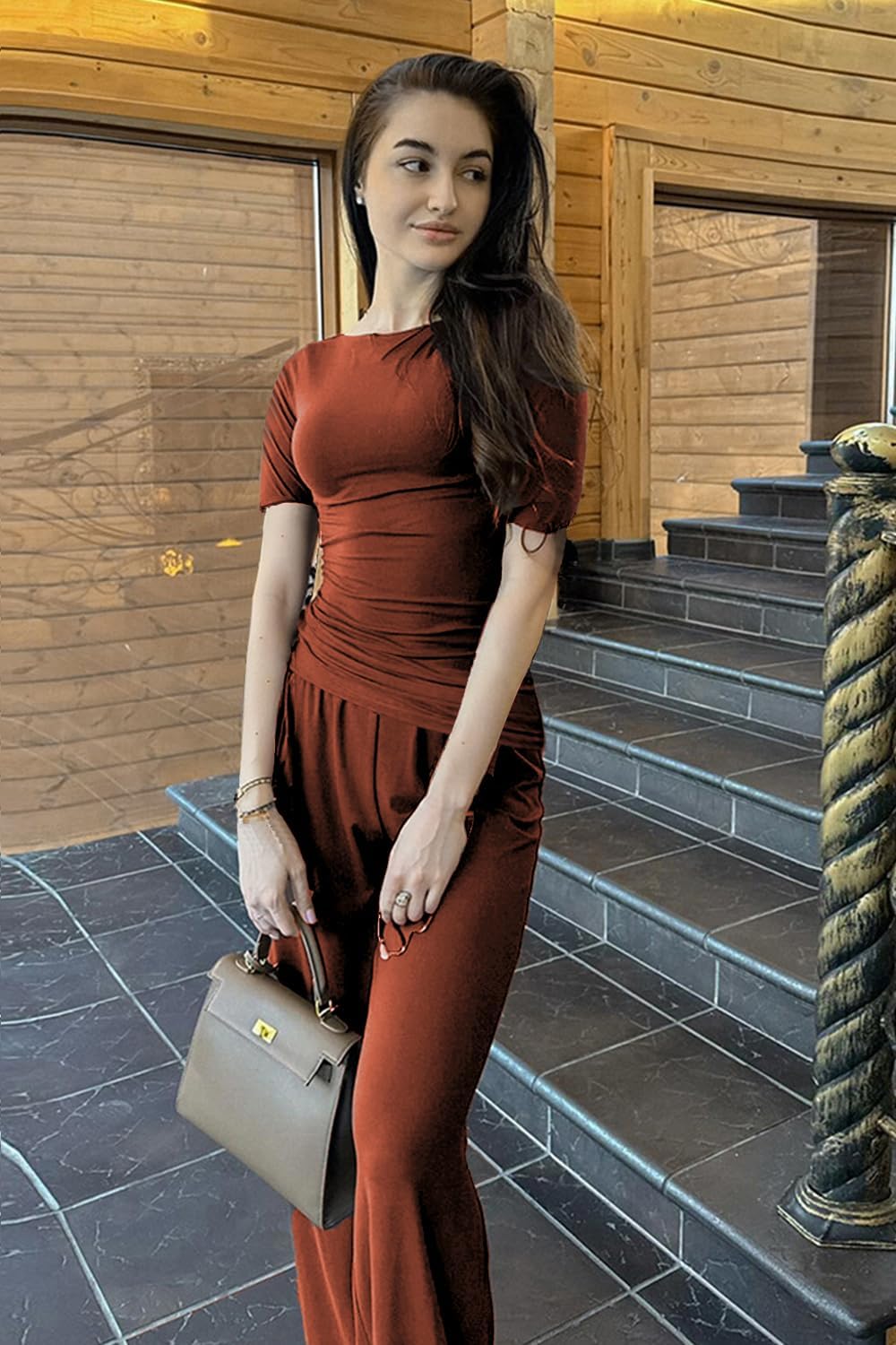 Women's 2 Piece Lounge Sets Asymmetrical Short Sleeve Wide Leg Pants Casual Outfits Tracksuit Streetwear - Image 3