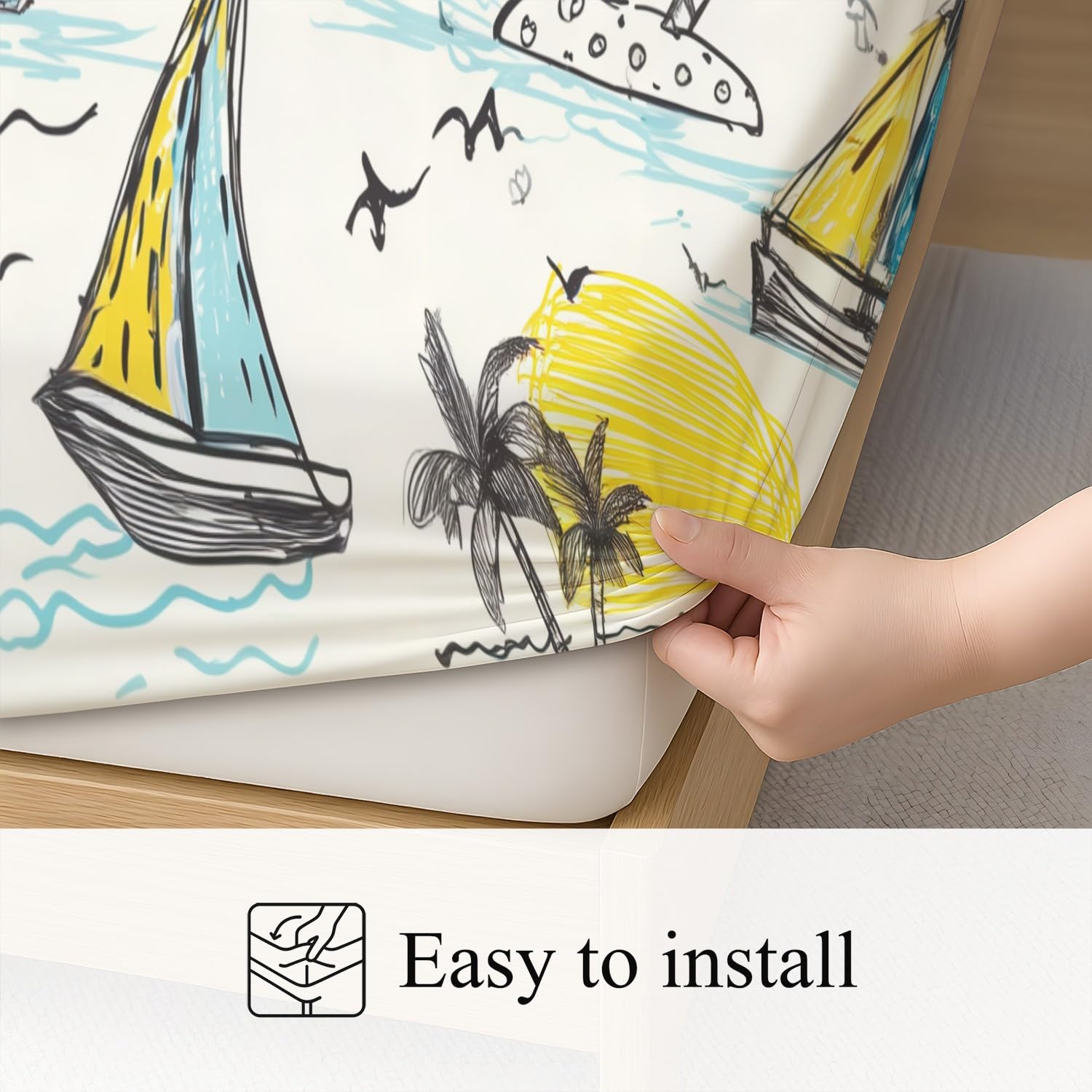 Playful Seaside Sábana bajera ajustable de verano, velero, palmera, pájaro, 30 cm de profundidad, microfibra, transpirable, para cama de matrimonio pequeño para niños y adolescentes, decoración de