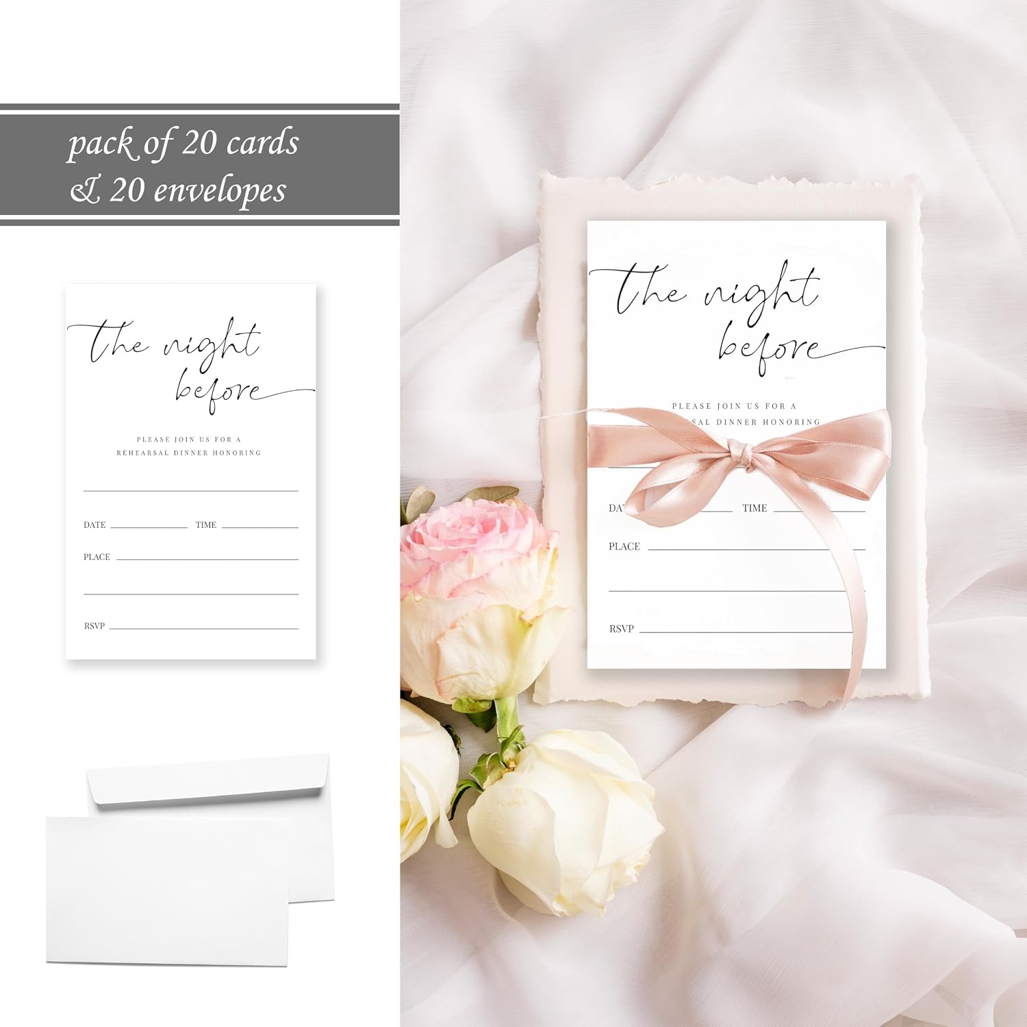 Wedding Rehearsal Invitations – 20 4x6 Inch Cards with Envelopes, The Night Before Design, Simple and Elegant Pre-Wedding Dinner Invitation Kit for Family and Friends.(020)