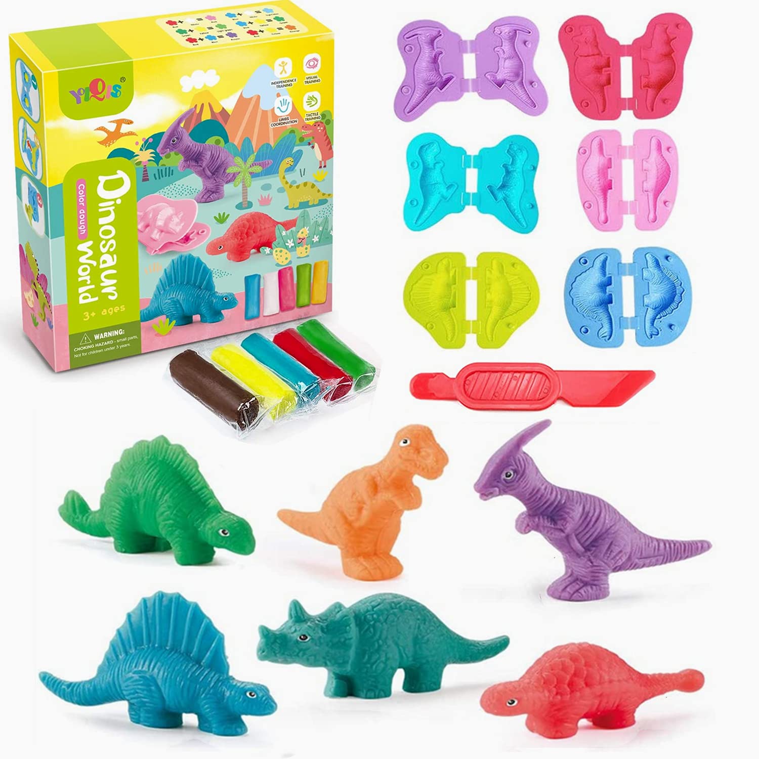 YeahboPlasticine Set for Kids 2-5 Years, Air Dry Clay with 6 Dinosaur Molds, Polymer Clay Set, Dough Dinosaur Toys for Arts and Crafts