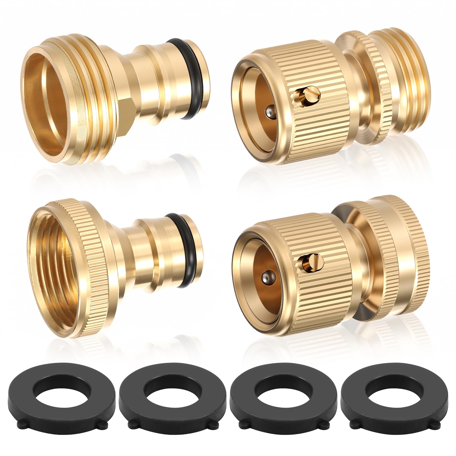 Lulobtg Men's Golden Garden Hose Connector Brass 3/4 Inch Ght Fe Thread Quick Connector Kit With 4 Sealing Washer Leak Proof For Outdoor Garden Watering