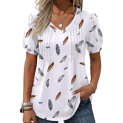 Zeagoo Women's Puff Short Sleeve Boho Shirts Casual V Neck Floral Solid Summer Blouse Pleated Tunic Top