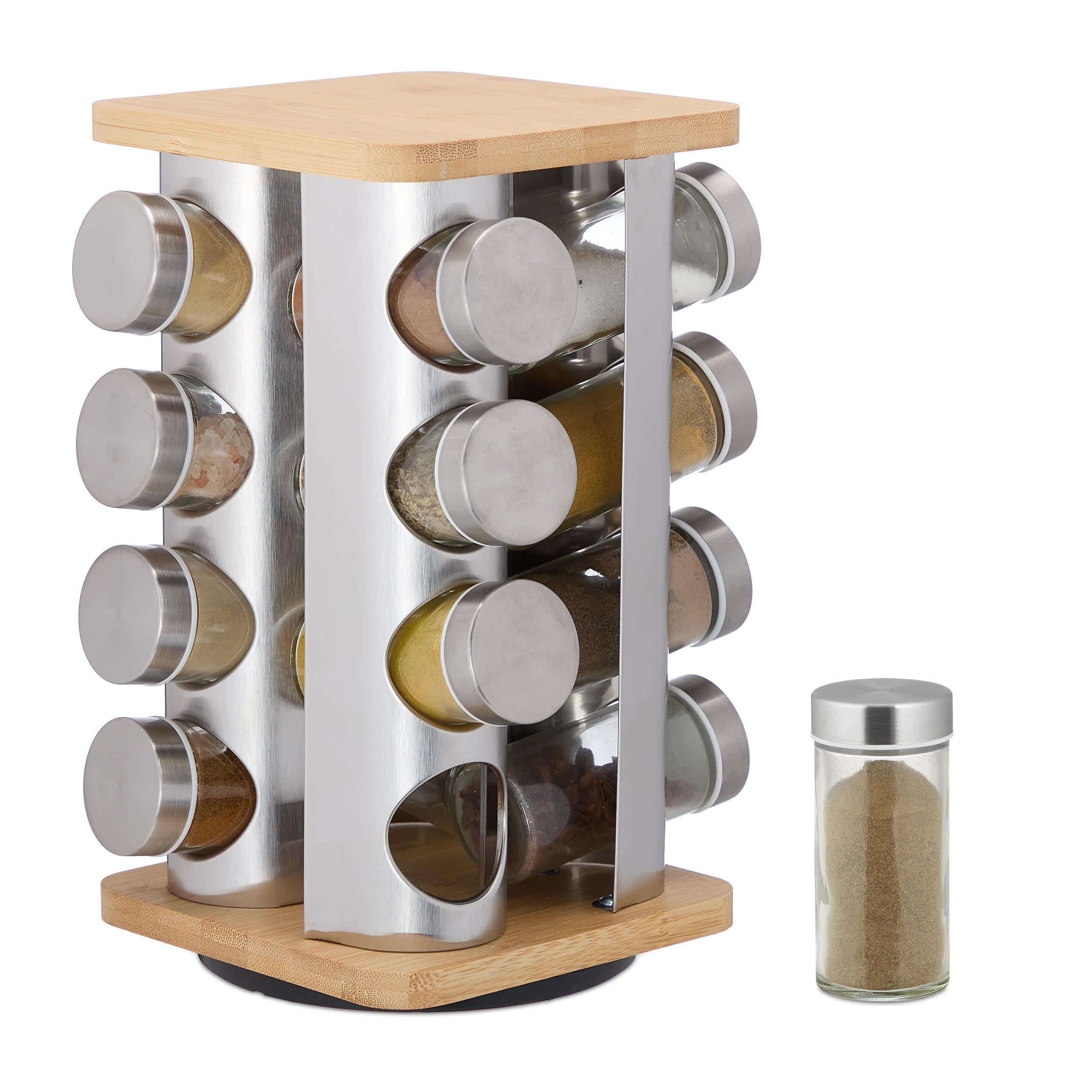 Relaxdays Especiero Giratorio con 16 Botes Especias, Gira 360°, Acero, Bambú, Cristal, 28x20x20 cm, Plateado/Natural