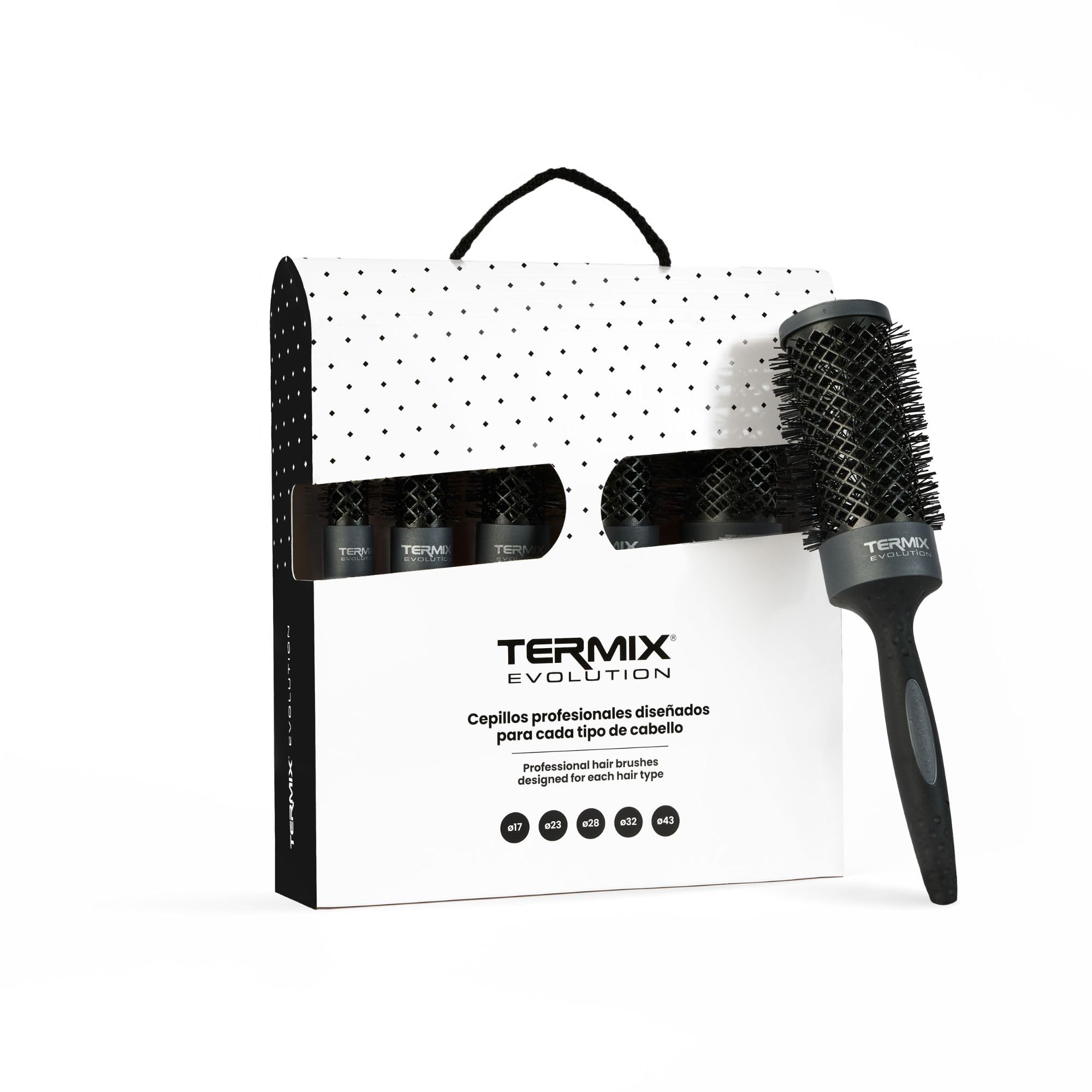 Termix Evolution Plus -Pack de 5 cepillos de pelo térmico redondo con fibra ionizada, diseñadas para cabello grueso. El Pack incluye los díametros Ø17, Ø23, Ø28, Ø32 y Ø43.