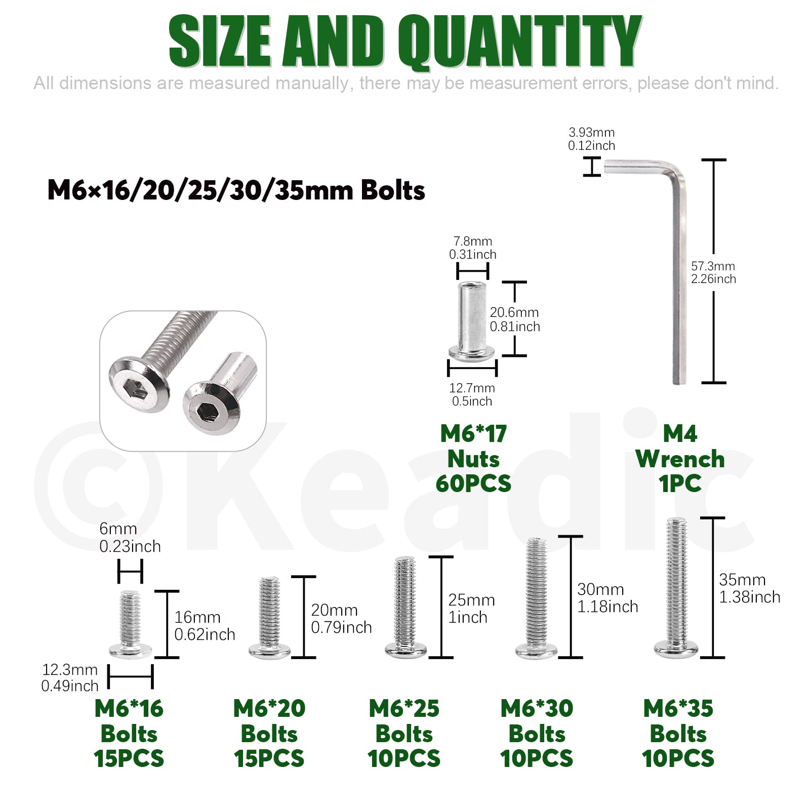 Keadic 121 Pcs M6 x16/20/25/30/35mm Socket Cap Bolts Barrel Nuts Kit with Hex Key - Image 2
