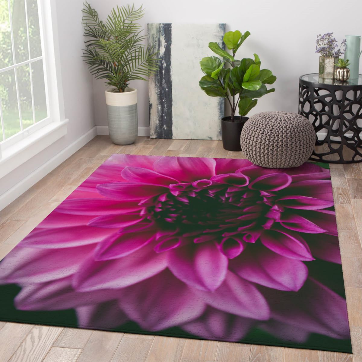 Tapis lavable 80x150cm magenta éclatant à motif fleurs de marguerite