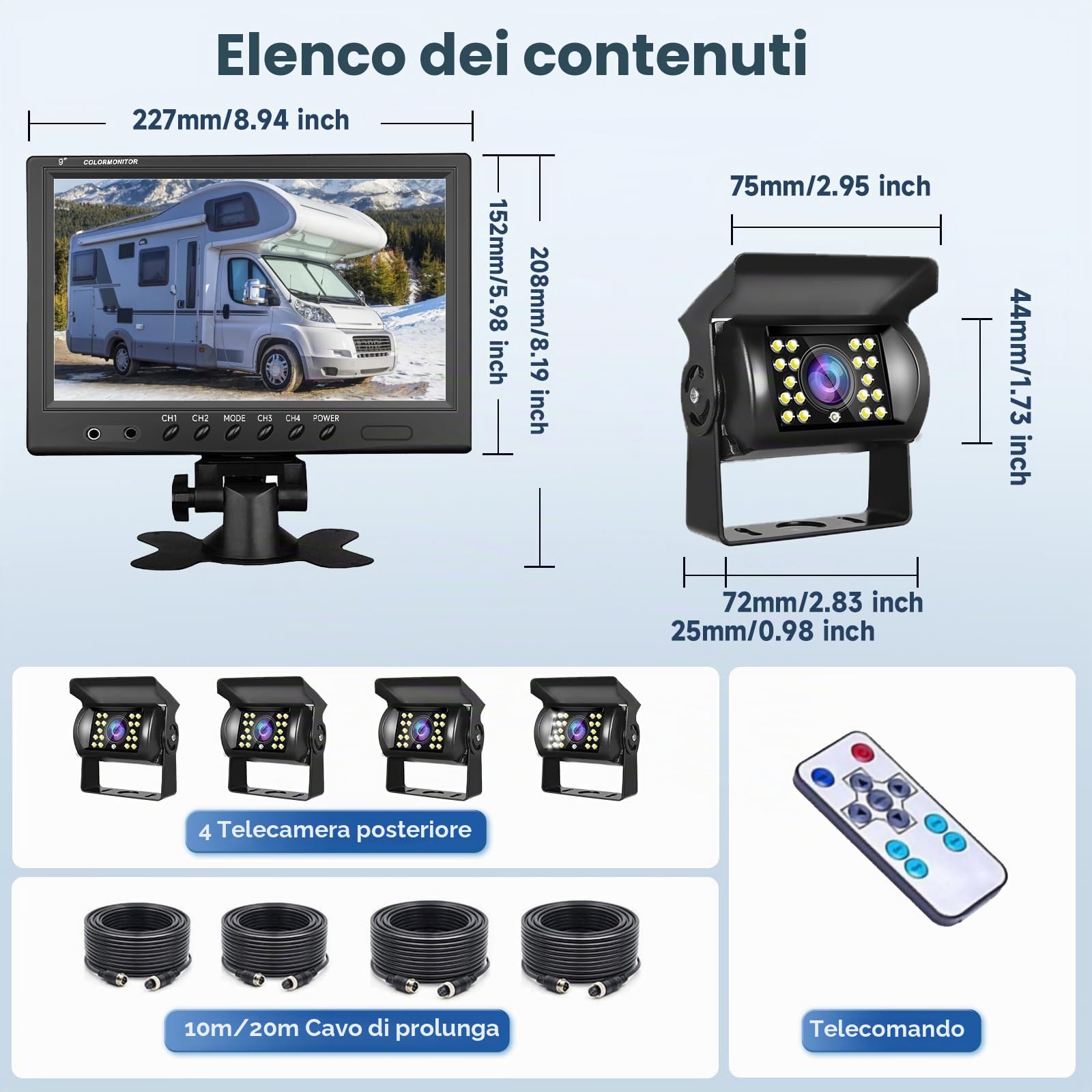 Podofo Telecamera Retrovisore 9'' Monitor 4 Telecamere Set 1/2/3/4 Schermo Diviso Ip68 Visione Notturna Impermeabile Per Camion/Rimorchio/Bus/Van Con 2x10m + Cavo 2x20m 4 Pin Interfaccia Aerea 12-24V