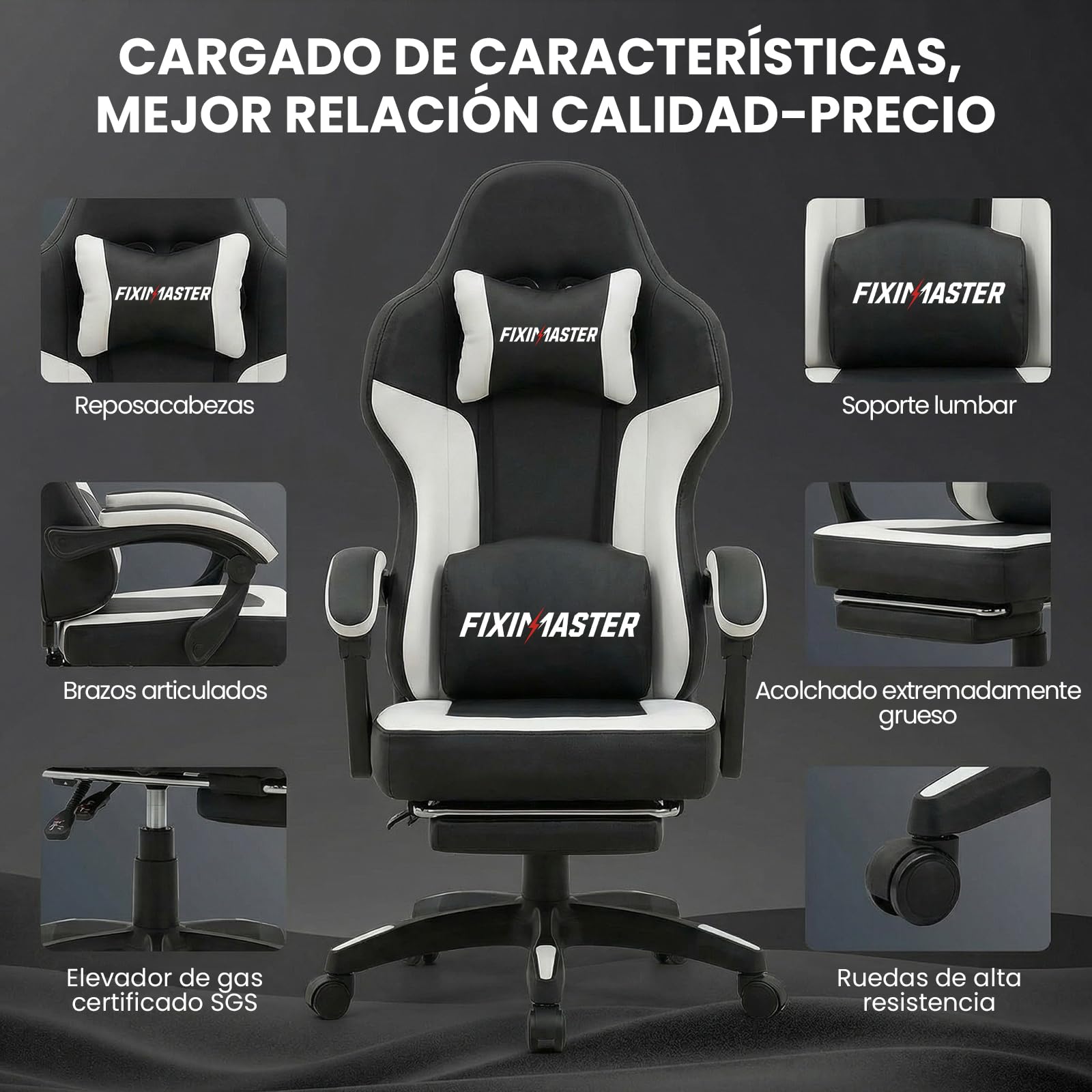 Silla de oficina ergonómica con reposapiés, silla de escritorio hasta 150 kg, silla de juegos de piel PVC, silla ergonómica giratoria para oficina en casa y gamer