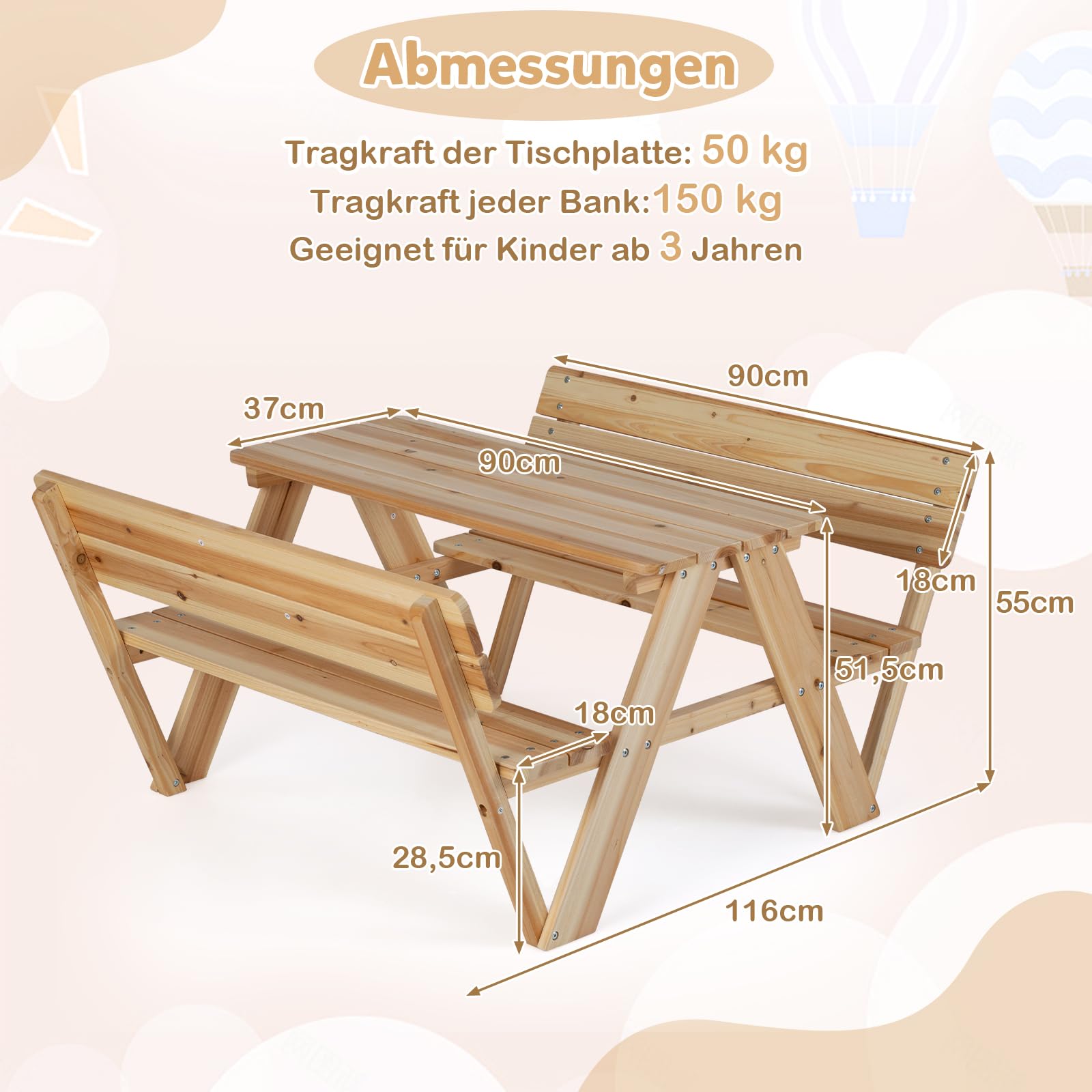 COSTWAY Kinder Picknicktisch, Kindersitzgruppe Outdoor mit Tisch & 2 Sitzbänken, Kindersitzgarnitur Garten für bis zu 4 Kinder, Sitzgruppe Gartenmöbel aus Holz für Jungen & Mädchen ab 3 Jahren