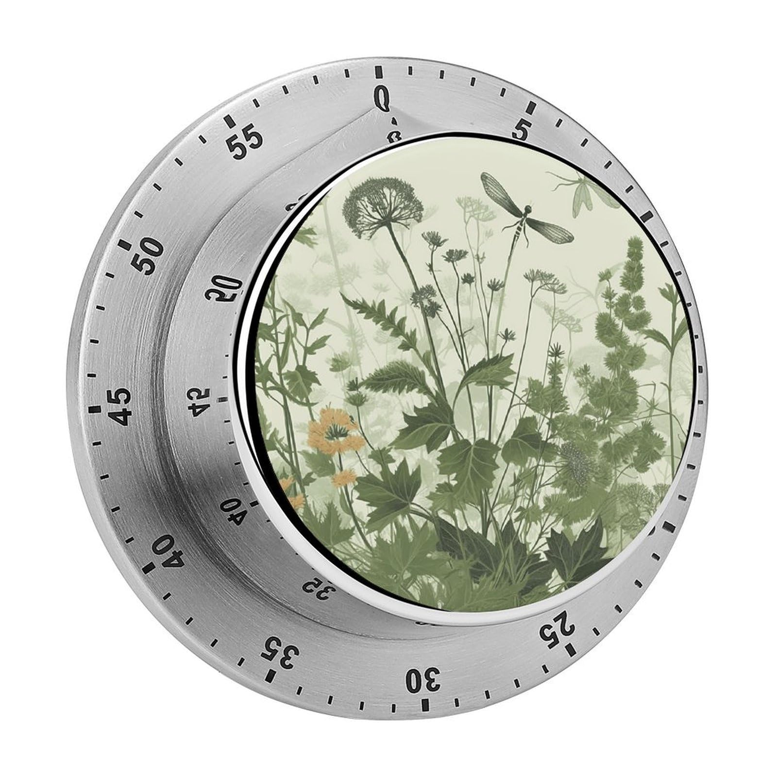 Foliage and Herbs with Dragonflies Winged Timer with Loud Alarm Precision 60 Minute Wind Up Timer Portable Manual Countdown Timers Exquisite Stainless Magnetic Kitchen Timers for Cooking Chef Clock
