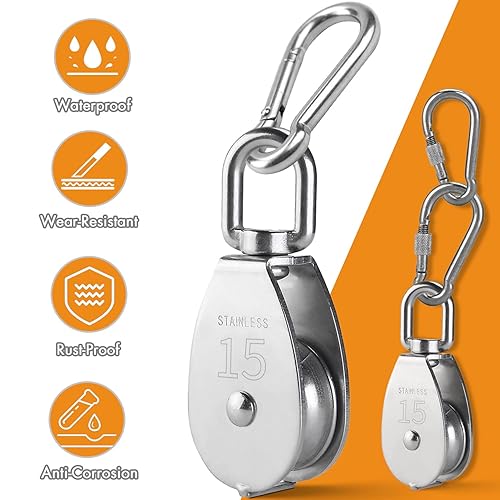 Miniatura 4 de LAIWOO Kit de sistema de polea de acero inoxidable M25, rueda de polea de alta resistencia, bloque de polea con cuerda de nailon, ganchos, placa de