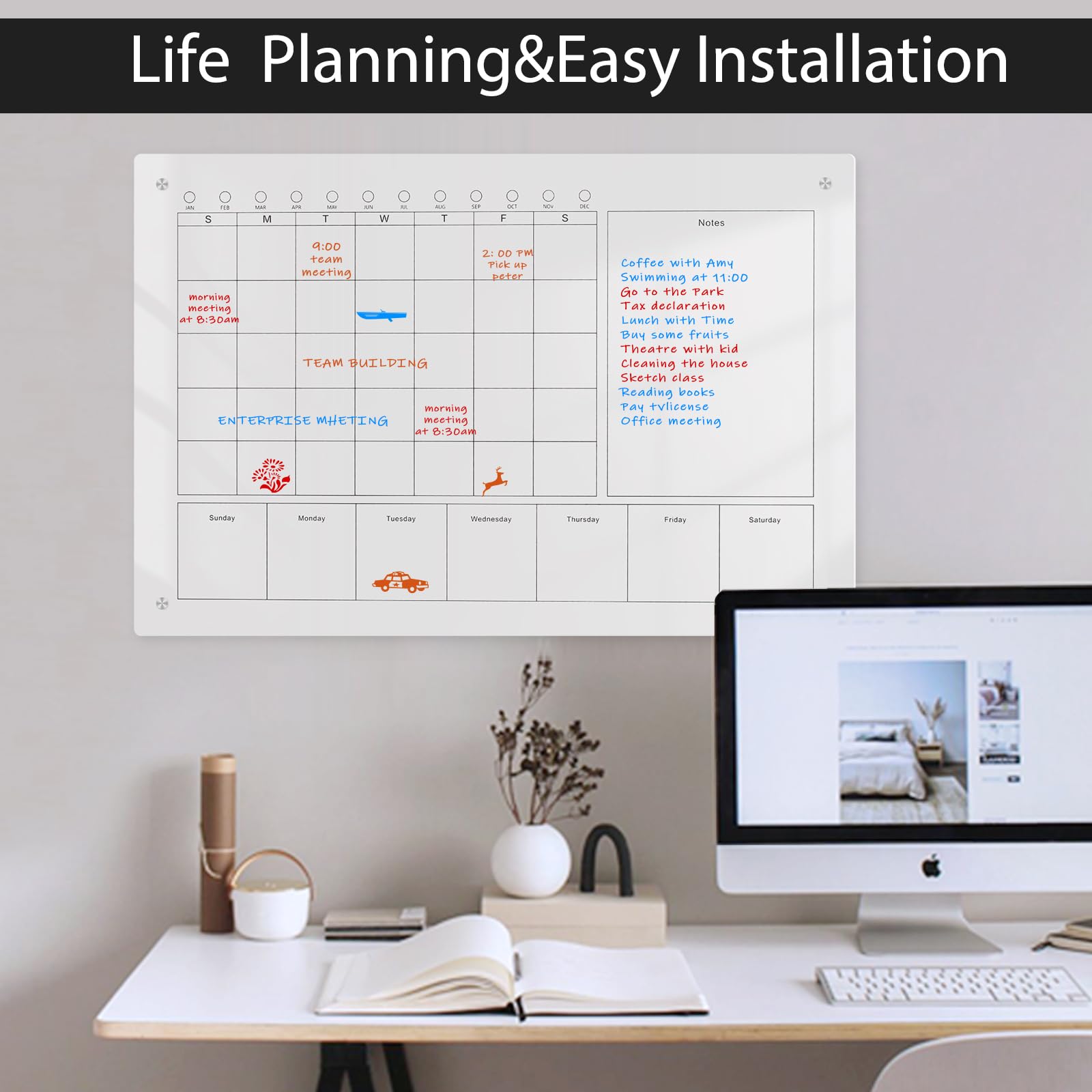 Calendario de pared grande de 61 x 40 cm, acrílico de borrado en seco