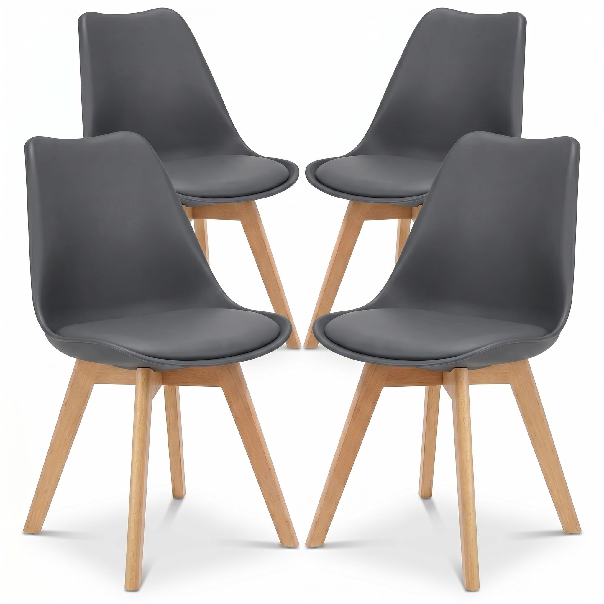 Bravich Set Of 4 Rocco Dining Chairs- Grey. Faux Leather Upholstered Dining Chair With Natural Wooden Legs, Cushion Pad Seat & Back Support For Kitchen Table- 42 x 42 x 81cm.