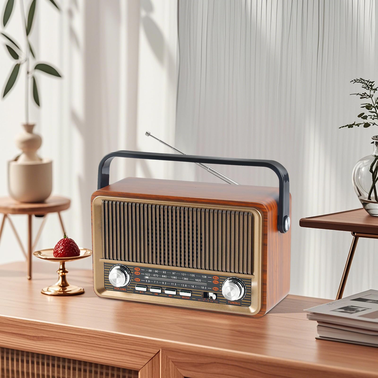 Retro Radio mit Bluetooth, Nostalgie Kofferradio Klein mit AM/FM/SW3, USB/TF/AUX, Wiederaufladbar, Küchenradio, Vintage Radio für Küche, Büro, Outdoor