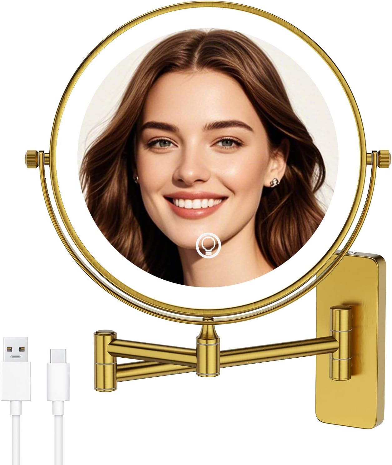 GURUN 8" Wall Mounted Makeup Mirror,Magnifying Dual-Side Mirror,| 360° Rotation & Extended Arm Bathroom Mirror| 14" L x 14" W Retro Gold-led Light 7X M1406DGJ(8",7X)
