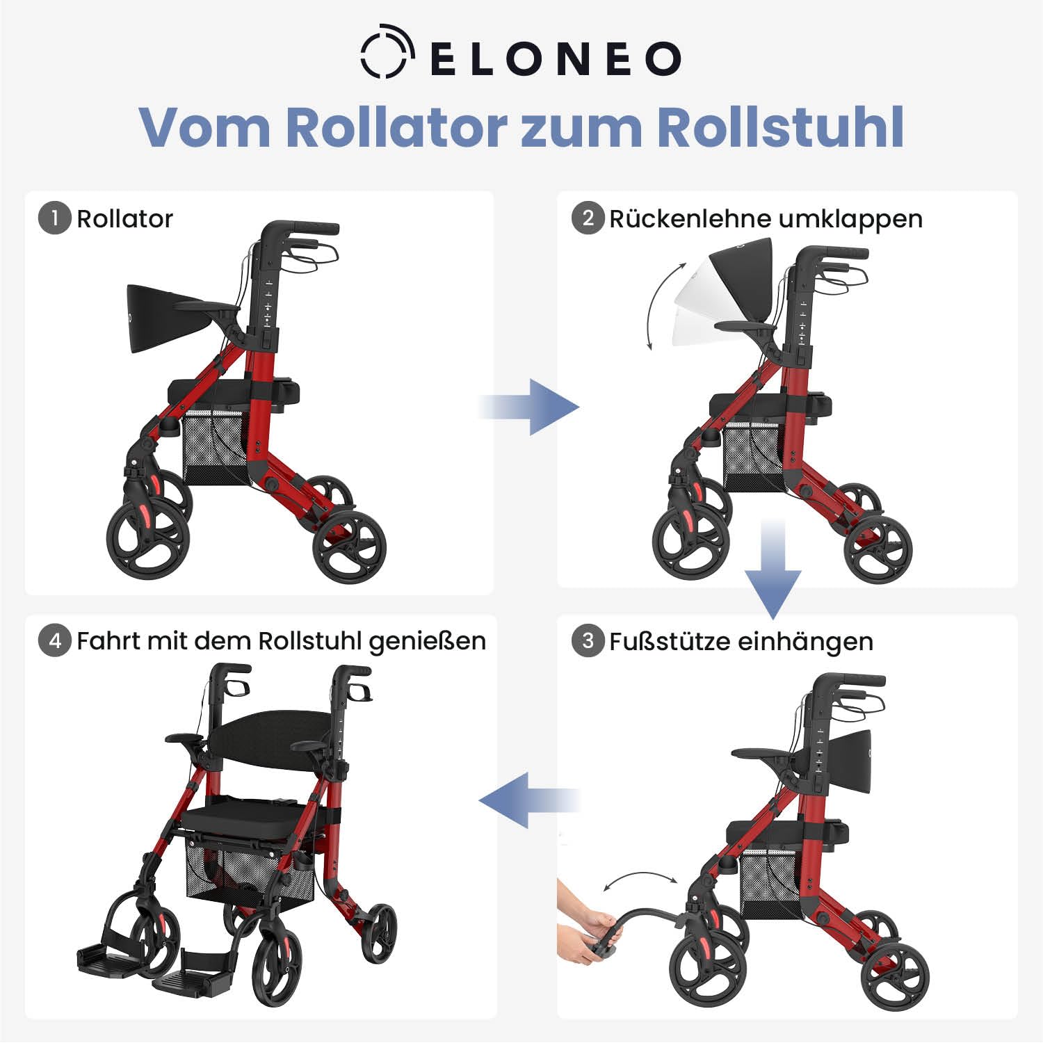 ELONEO 2 in 1 Rollstuhl Rollator faltbar und leicht mit Sitz, Outdoor Rollator Rollstuhl faltbar leicht für alle Gelände, Aluminium Gehhilfe für Senioren mit Netztasche, Transport-Rollstuhl, rot