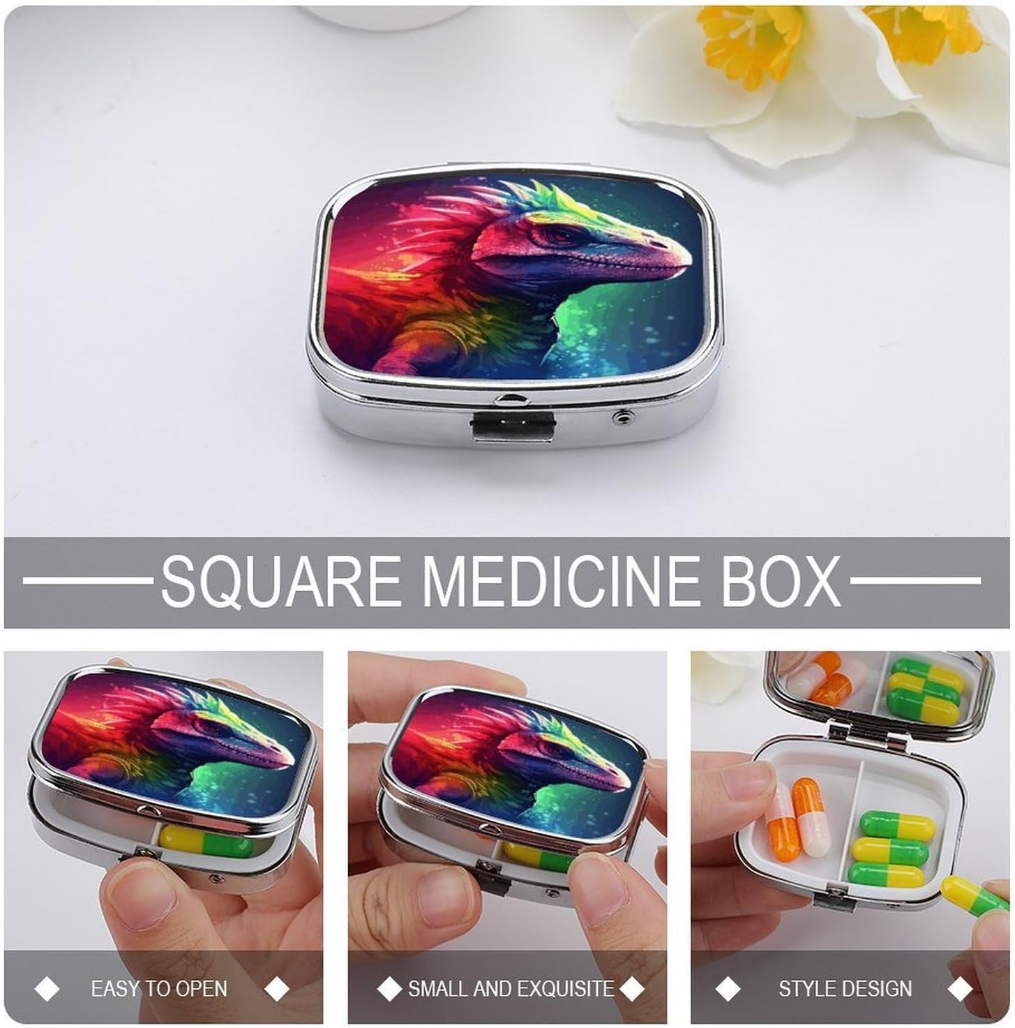 Colorful Dinosaur 2 Compartments Pill Box with Mirror for Pocket image 3