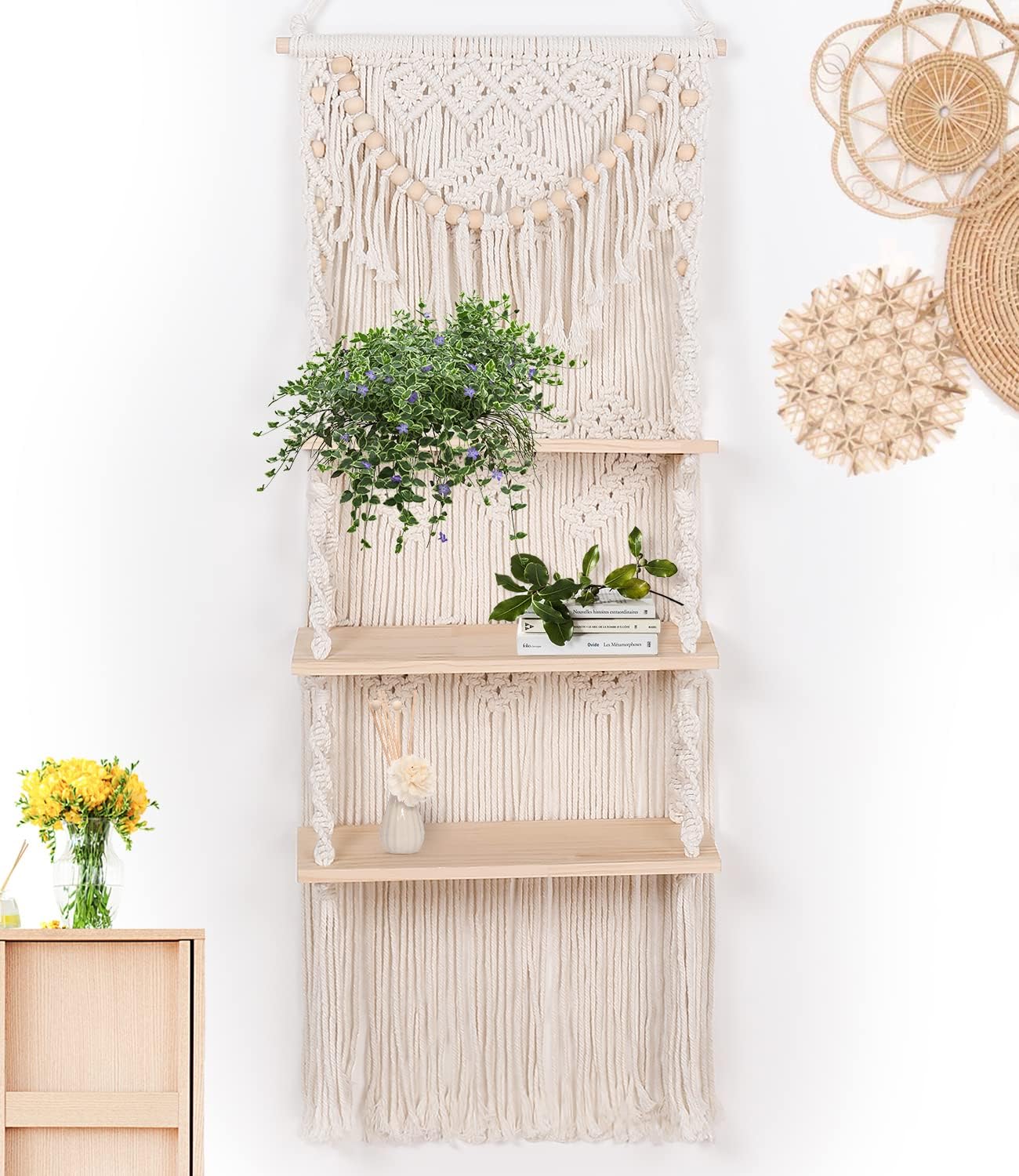 3-Tier Macrame Wall Hanging Shelf - Boho Style Floating Shelf with Wooden Beads - Wall Organizer for Living Room & Bedroom Decor