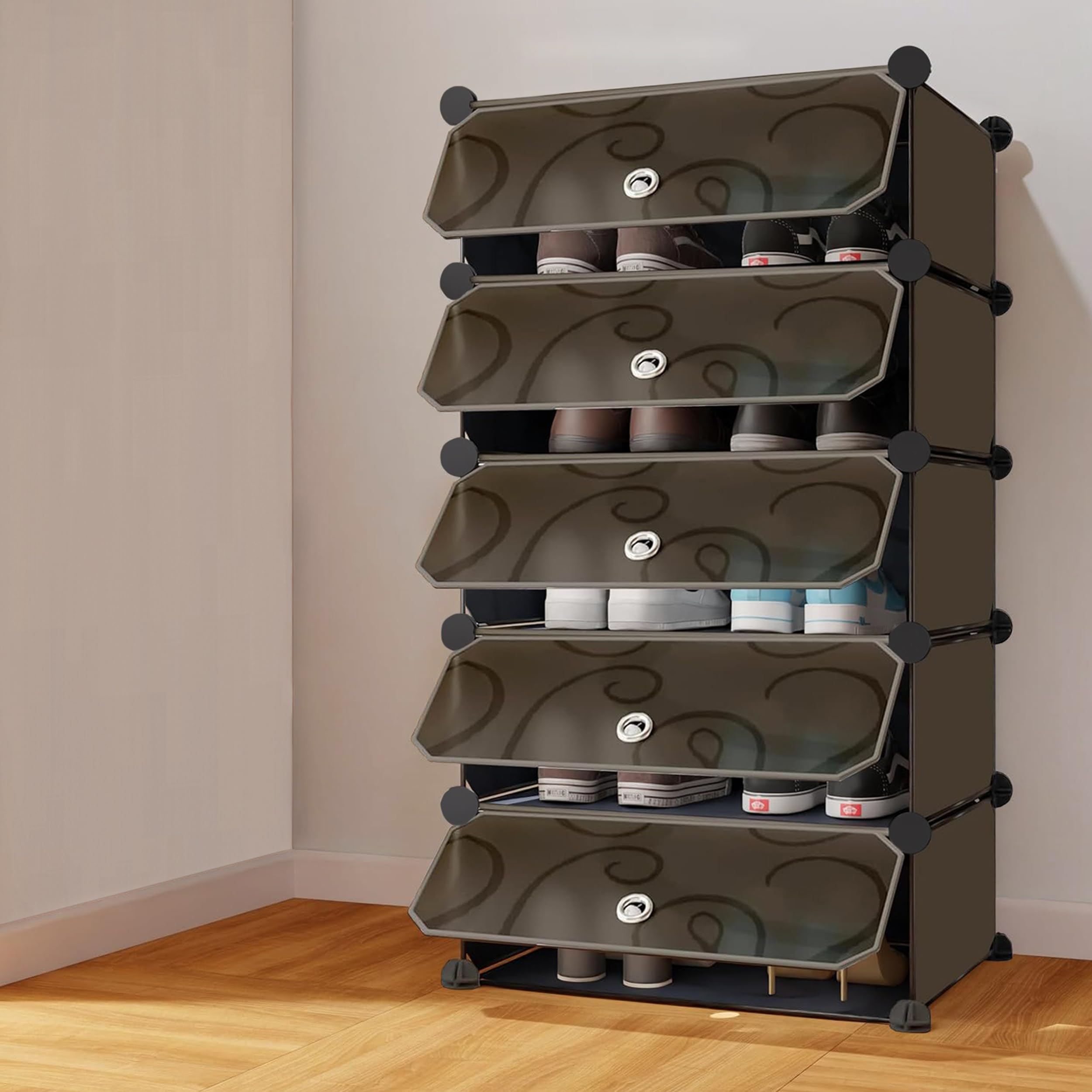 5 Shelf DIY Shoe Rack Plastic ^ Multi-Purpose Plastic Shoe Rack for Home Plastic Shelves, PP Plastic Home Shoe Rack with Door for Entryway, Chappal Slipper Shoe Stand (Black, 5-Shelf-5-Door)-image-30