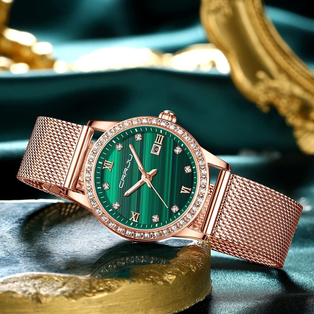 CUENA Women Wrist Watches Waterproof Crystal Ladies Minimalist Rose Gold Mesh Stainless Steel Band Wristwatch Slim Analog Quartz Luxury Rhinestone with Date Rosegold Green