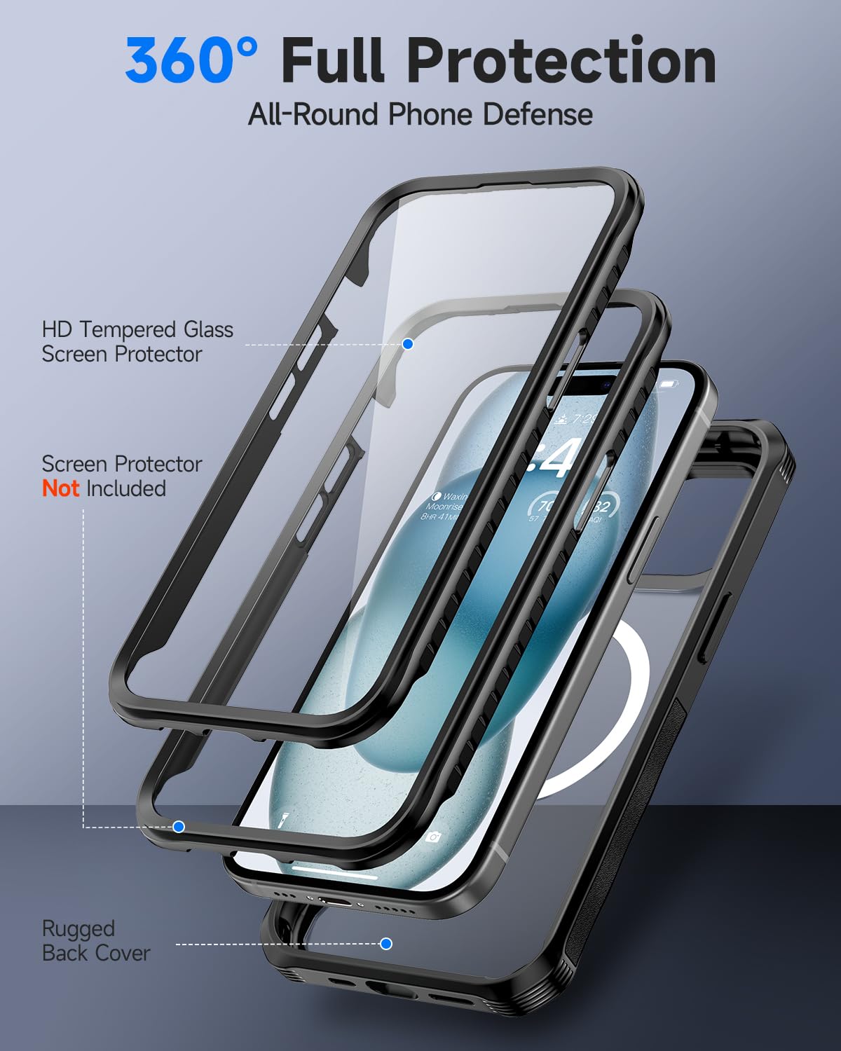 seacosmo Magnetic for iPhone 15 Case, Full Body Protection with Built-in Screen Protector + Front Frame + Camera Cover - Image 3