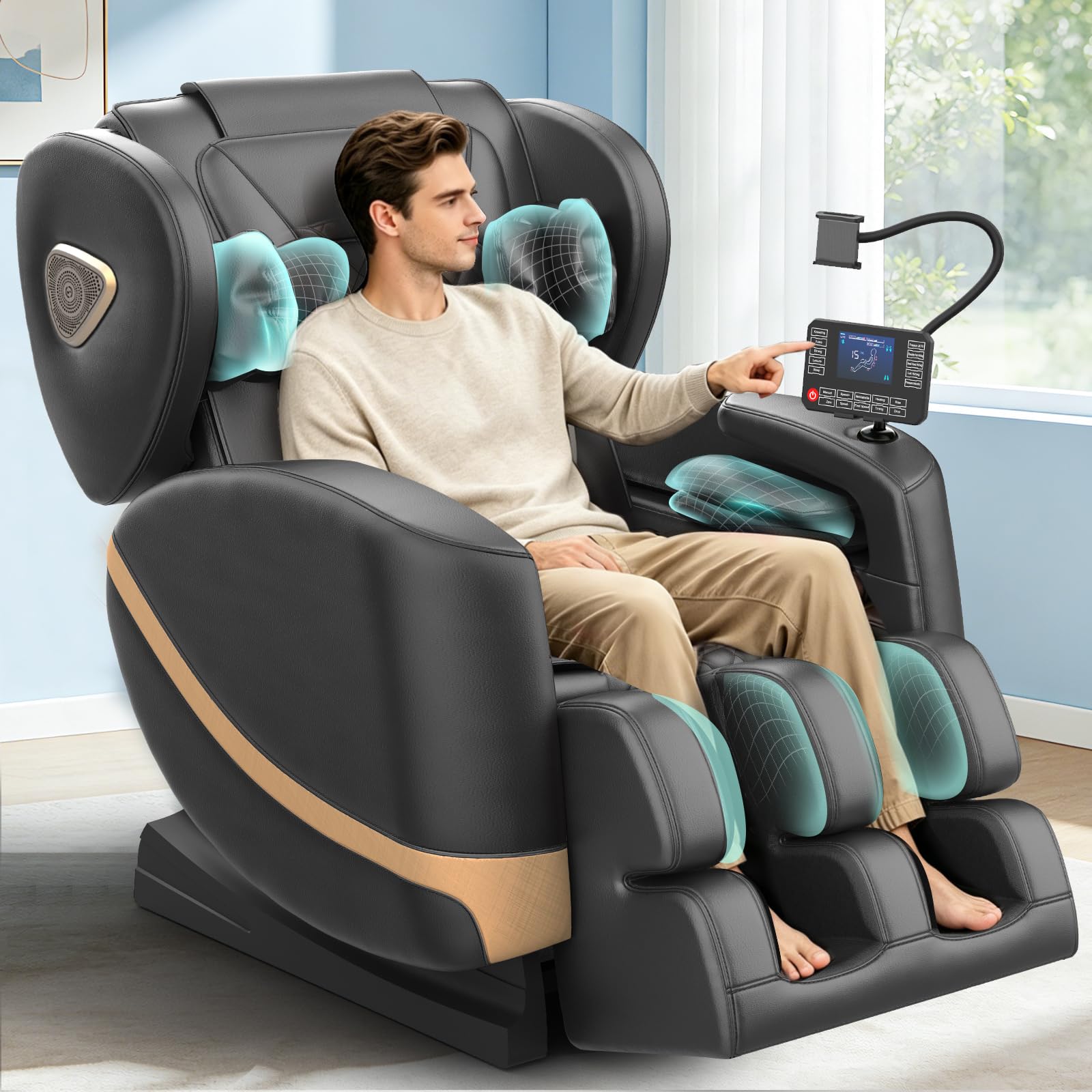 Poltrona Massaggiante per Tutto il Corpo con Rulli e Airbag, Funzione Zero Gravity, Altoparlanti Bluetooth e Touchscreen, Funzione Riscaldante per Vita e Gambe, con Massaggio Plantare (Nero)