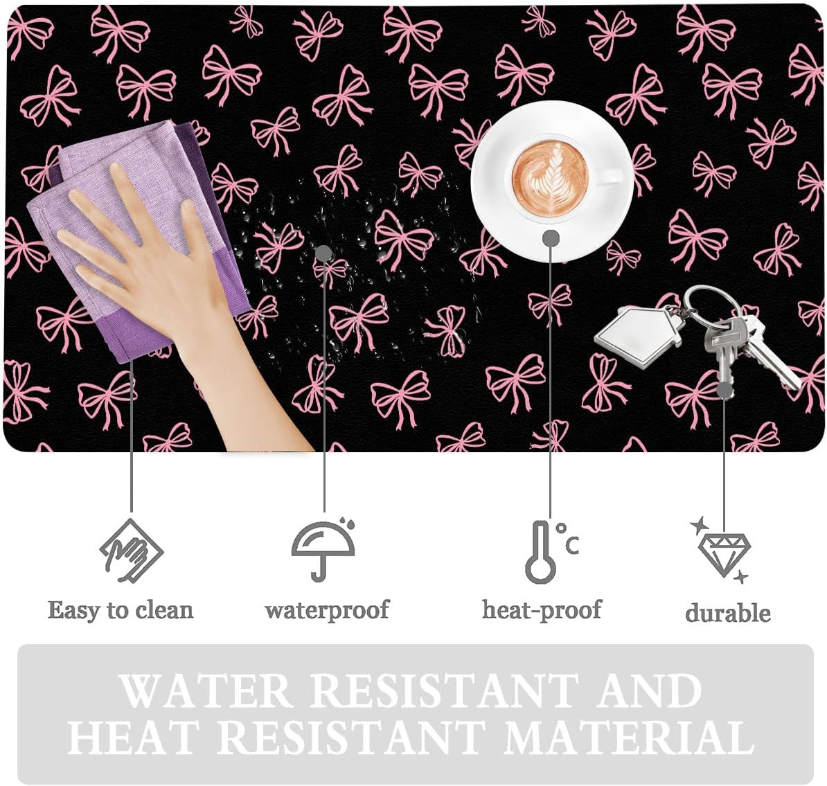 Cute Pink Bow Black Extended Gaming Keyboard Mouse Pad, Non-Slip Leather Home Office Desk Mat Protector, Laptop Desk Pad Writing Pad