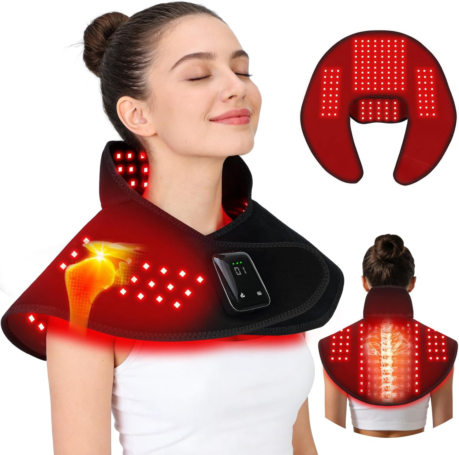 Red Light Therapy Device for Neck Shoulder 148 LED 660nm & 850nm Dual-Wave 5000mAh Controller Infrared Light Pad 5 Modes Rechargeable Cordless Controller 10/20 Min Timer Flexible