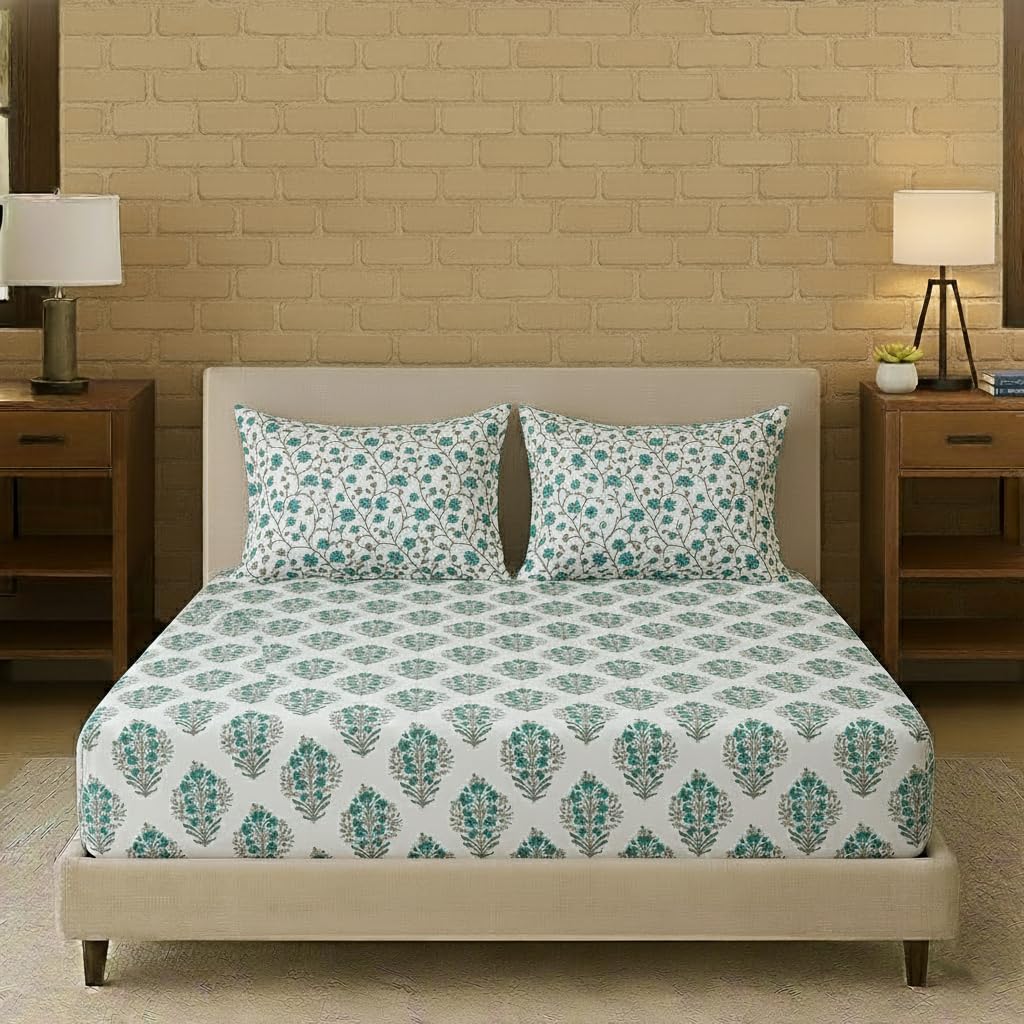 Trance Home Linen 180tc 100% Cotton 84″x78″ Elastic Fitted Bedsheet Super King Bed Size | Printed Fitted Sheet | Elasticated Fitted Bedspread with 2 Pillow Covers (84×78 inch, Madhuban Green) Trance Home Linen 180tc 100% Cotton 84″x78″ Elastic Fitted Bedsheet Super King Bed Size | Printed Fitted Sheet | Elasticated Fitted Bedspread with 2 Pillow Covers (84×78 inch, Madhuban Green)