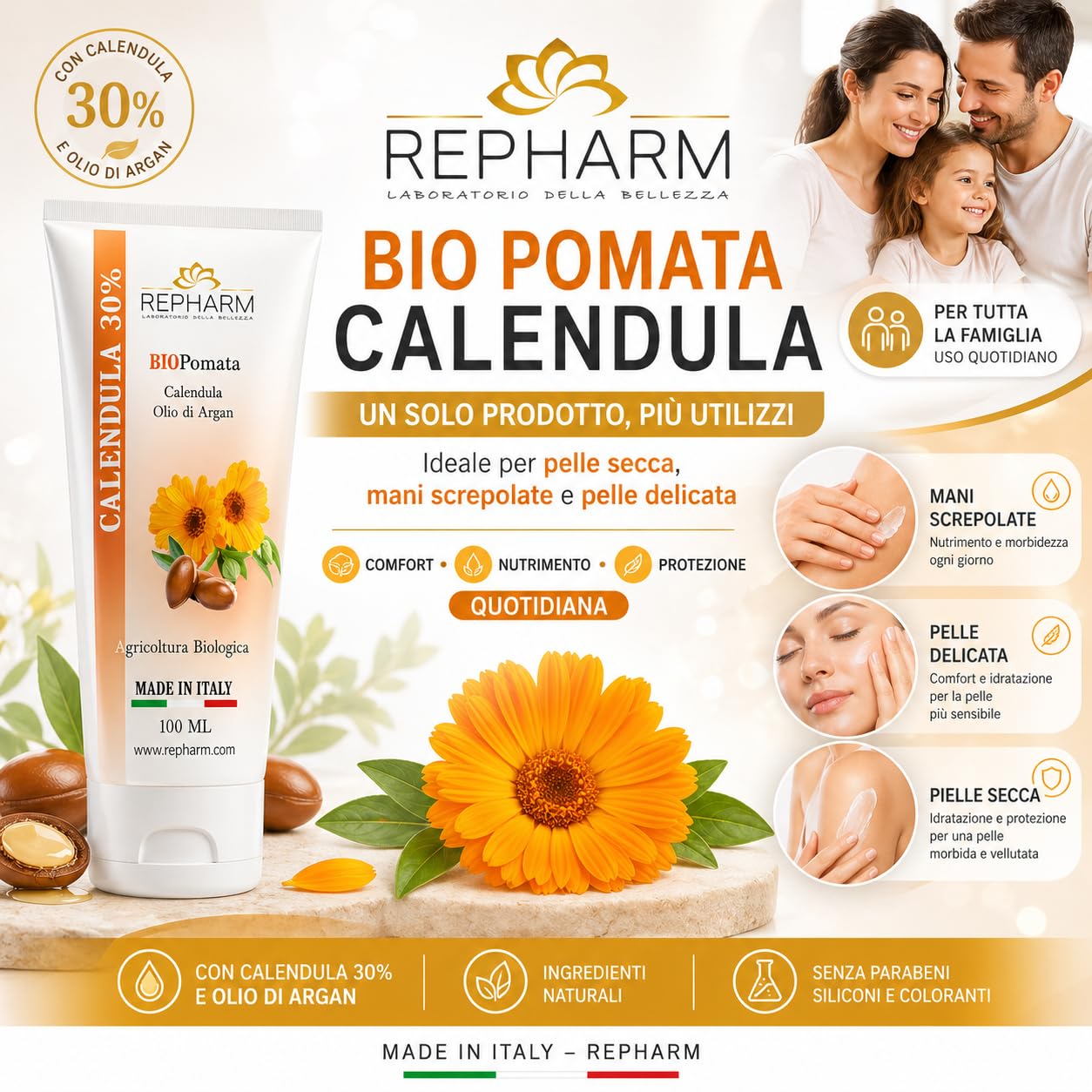 Bio Pomata alla Calendula Pura 100 ml Calmante Antiprurito Rigenerante per Neonato Bambini e Adulti