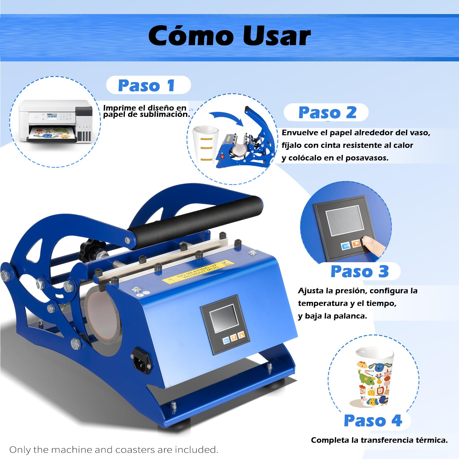 OUKANING 6 en 1 Prensa Térmica para Tazas 8-30oz Sublimacion Tazas Maquina 600W Control de Temperatura y Tiempo, Máquina de Prensado de Tazas, Prensa de Calor para Tazas de cerámica/vidrio/metal(Azul)