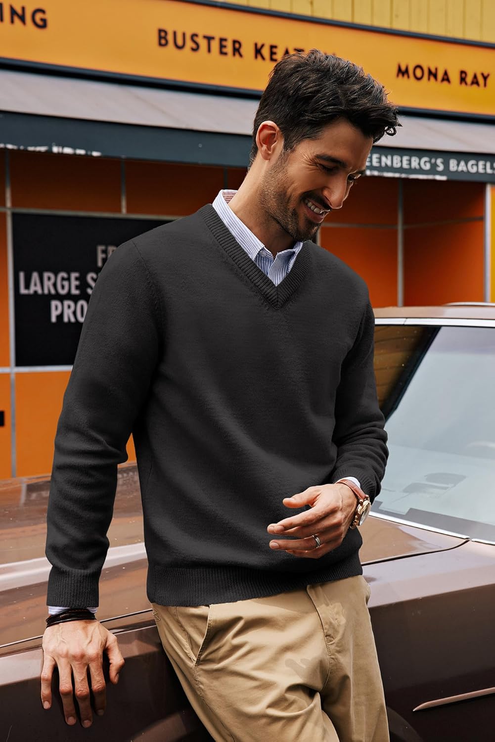 PJ PAUL JONES Mens V Neck Pullover Lightweight Wool Blend Long Sleeve Knit Sweater - Image 3