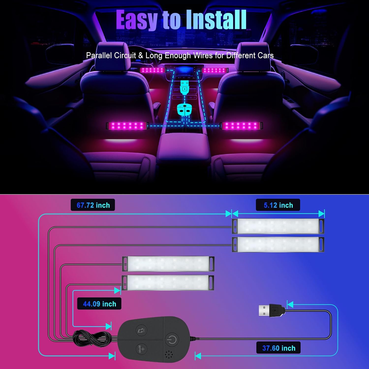 Honalia Car LED Lights Interior, RGB Interior Car Lights with App Control and Music Sync, USB Under Dash LED Lights for Jeeps Trucks SUVs, DC 5V