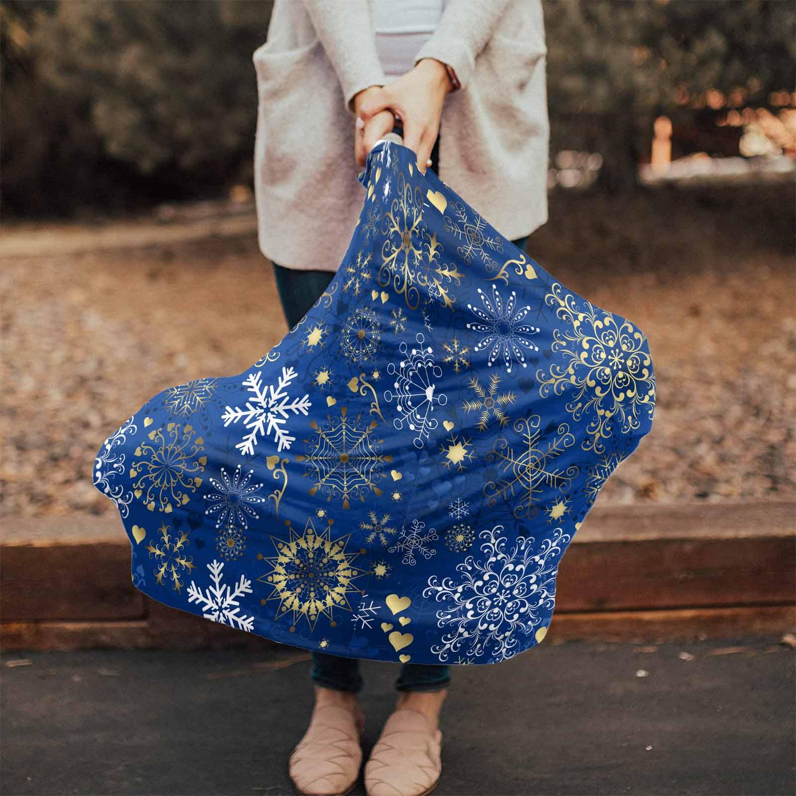 Nursing Cover for Breastfeeding Scarf, Blue White Gold Snowflake Xmas Baby Car Covers Super Soft Multi Use for Canopy Shopping Cart Cover Blanket Stroller Cover