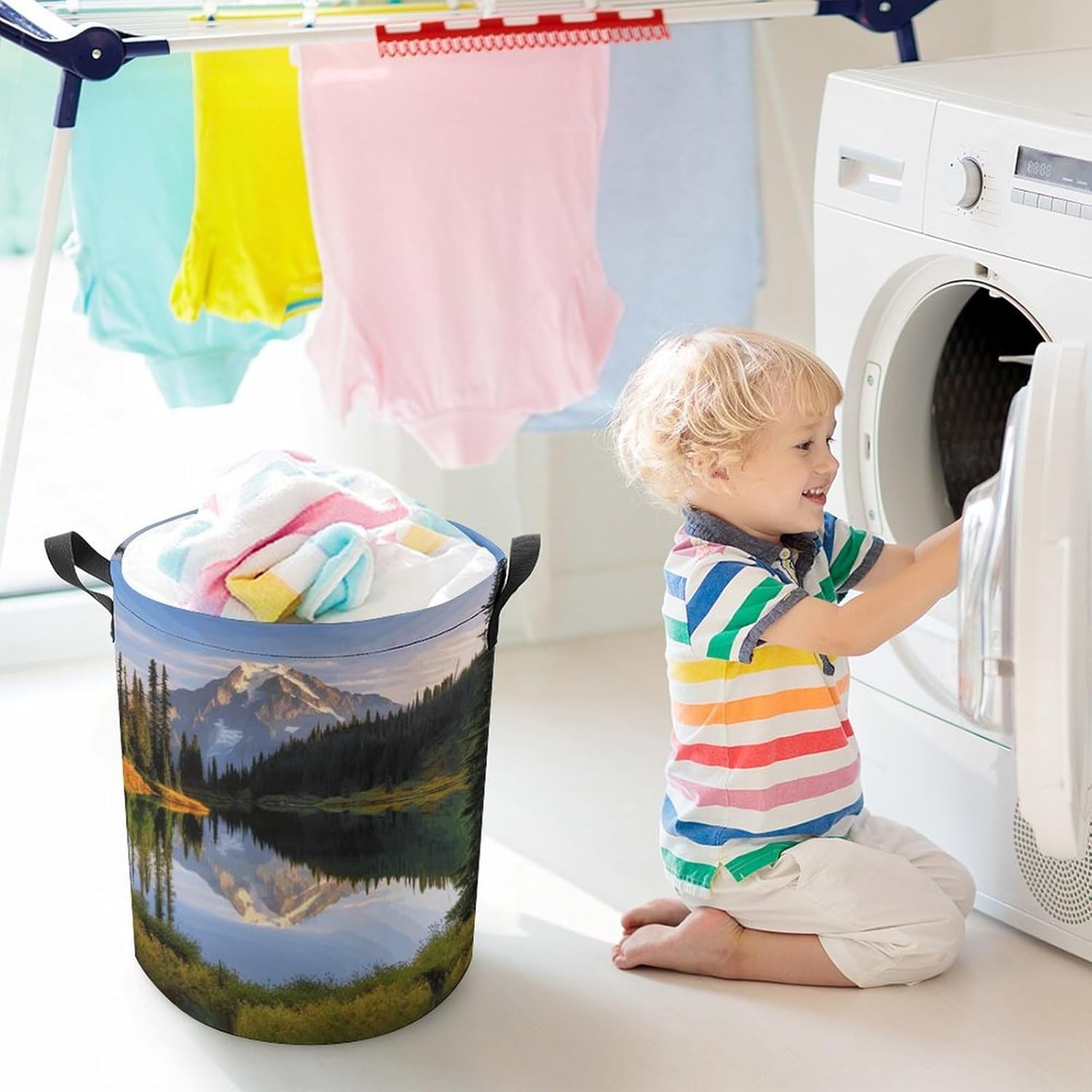 Mountain And Lake Pictures Laundry Basket Collapsible Clothes Hamper with Reinforced Handles Large Capacity Waterproof Laundry Bag Freestanding Laundry Hamper for Bedroom Bathroom