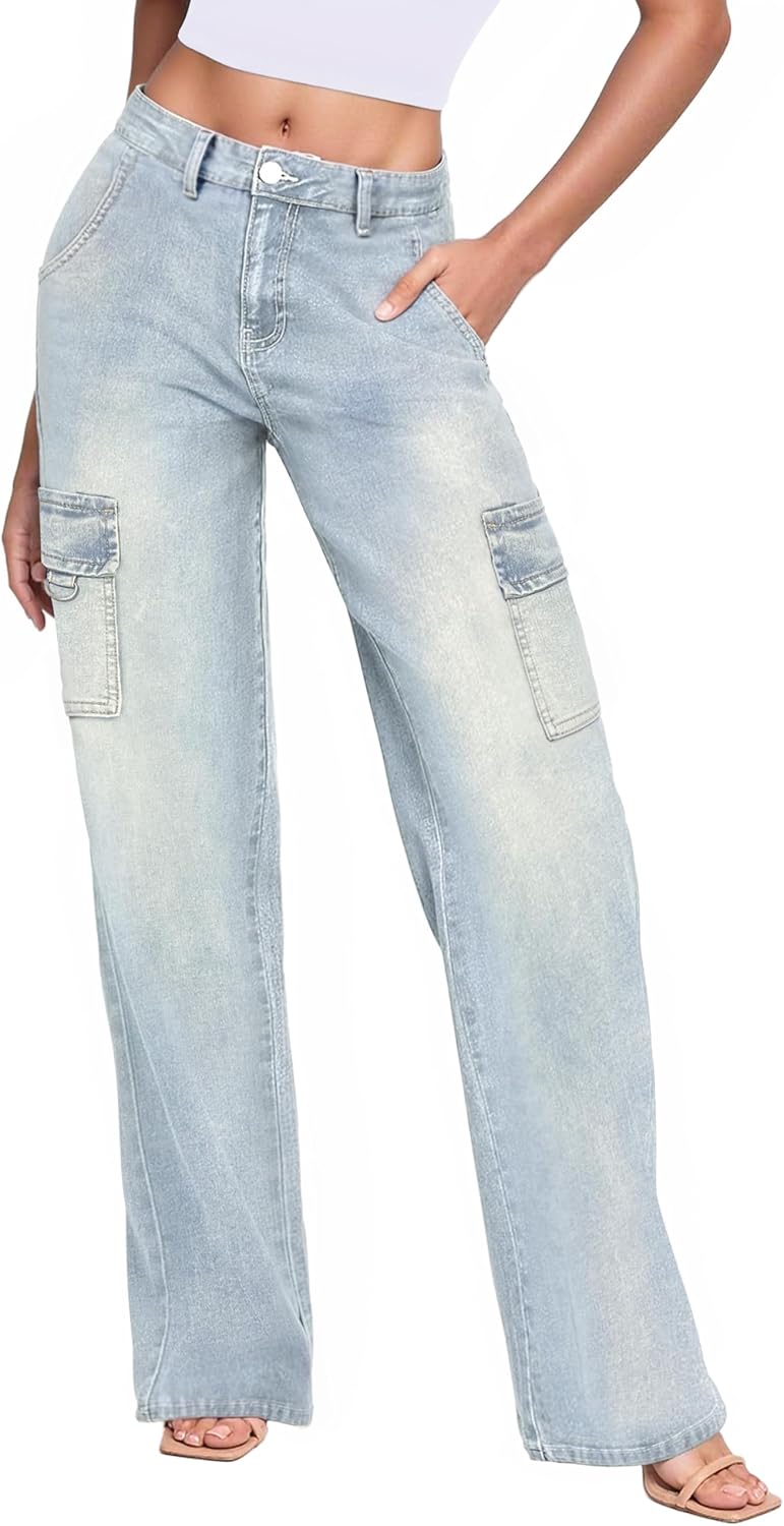 Hybrid & Company Women's Wide Leg Stretch Cargo Jeans, Casual Mid Rise Loose Denim Pants with Pockets 1 Light Tint