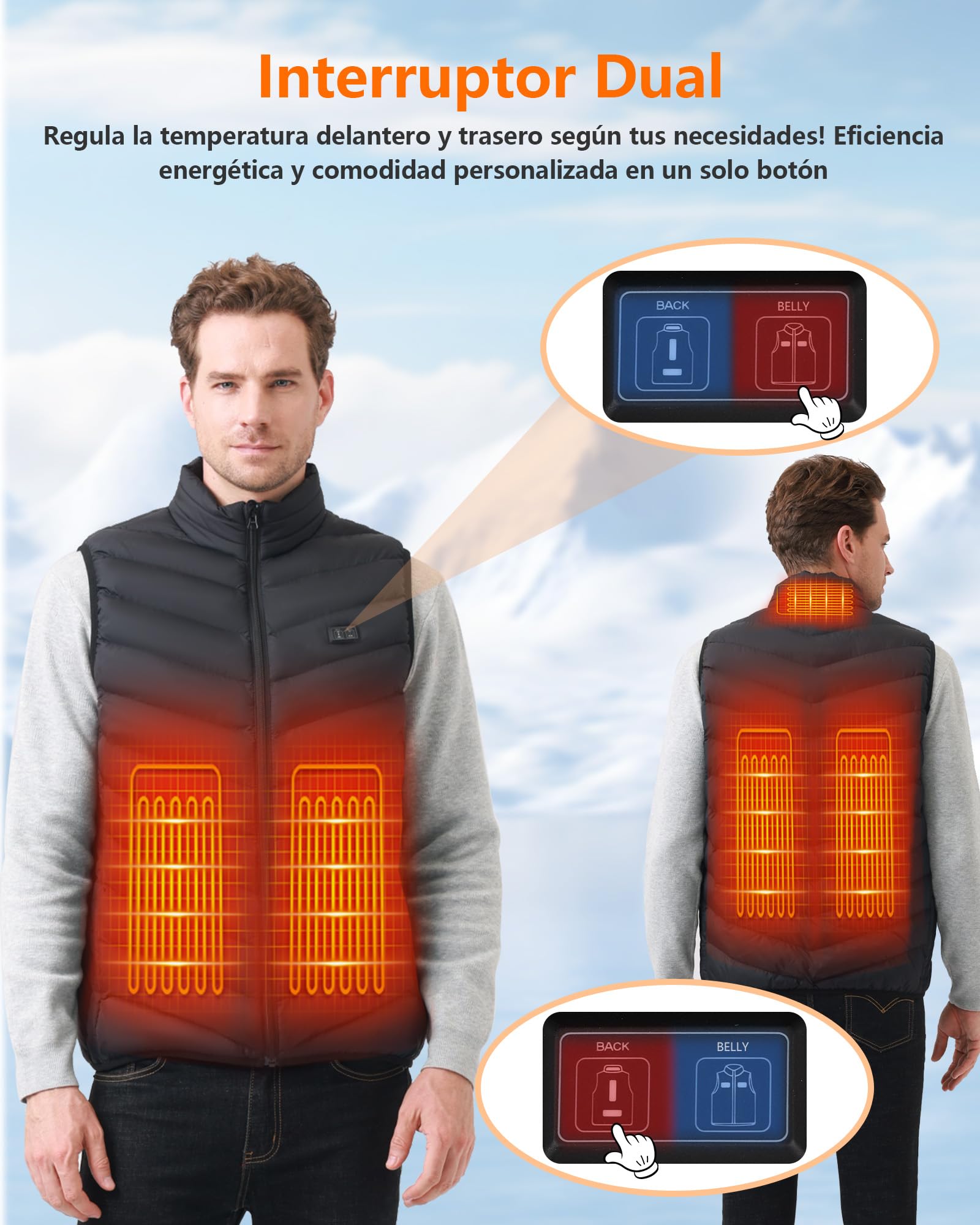 Chaleco Calefactable Hombre con Batería De 10000 mAh, 3 Temperaturas, 5 Zonas de Calentamiento, Chaqueta Calefactable con Carga USB, para Esquí, Motociclismo, Senderismo y Pesca