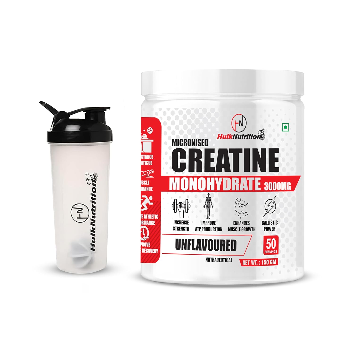 Hulk Nutrition Creatine Monohydrate Powder Gym Supplement for Men & Women | Supplement For Lean Muscle Growth | Creatine Powder for Pre-Workout and Post Workout | Energy Supplements [50 Servings, Unflavoured] Free Shaker
