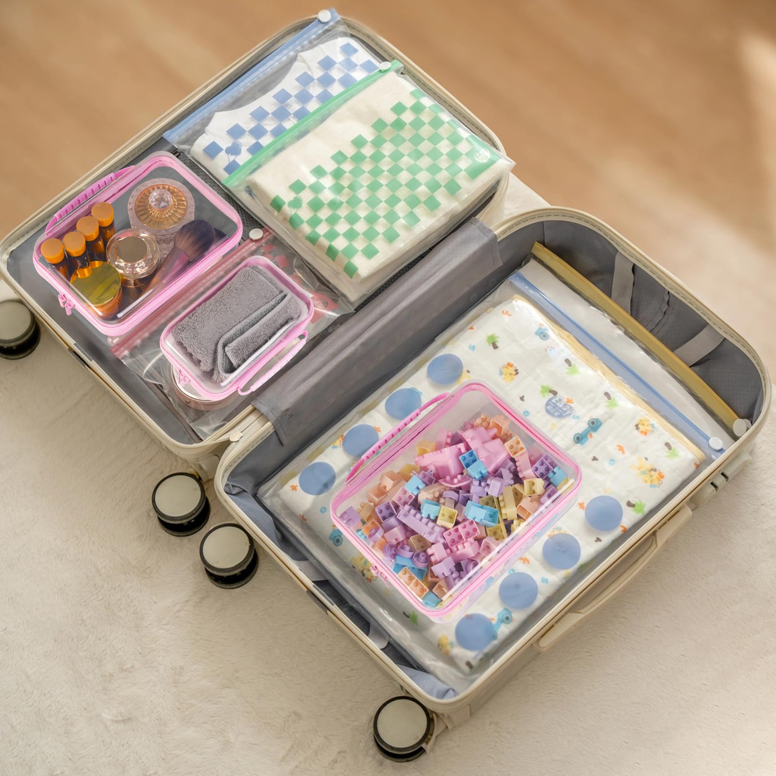 Transparente Hartschalenhülle mit Reißverschluss, Kunststoff, tragbar, wasserdicht, für Snacks, Spielzeug, Windeln, Reisen, Rosa, 3 Stück