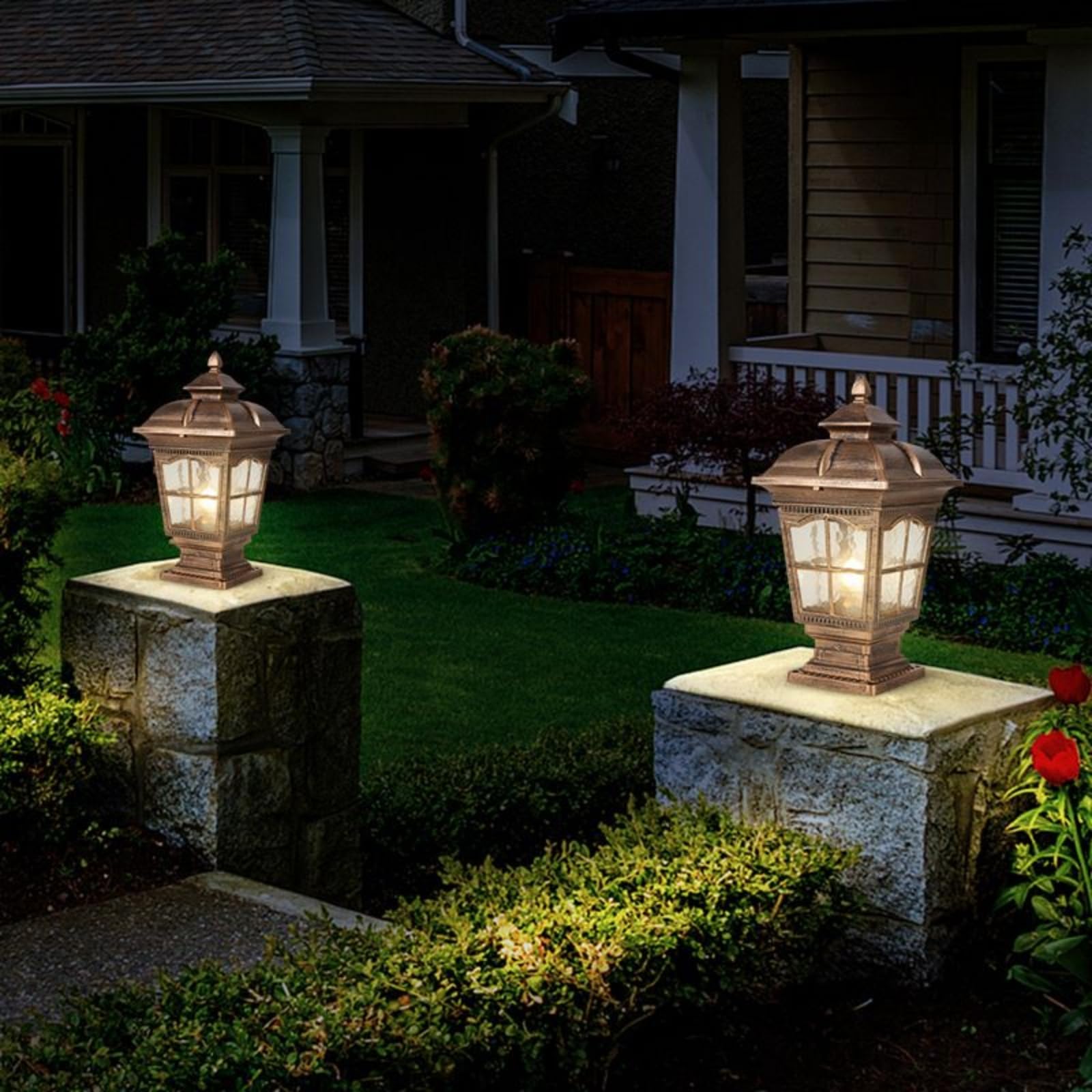 Outdoor Pfeilerlampe Laterne Pfostenleuchte Gartenleuchte Zaunleuchte aus Aluminium mit Gebackenem Farbanstrich IP55 Wassergeschützt Und , Antikbronze , Mittel