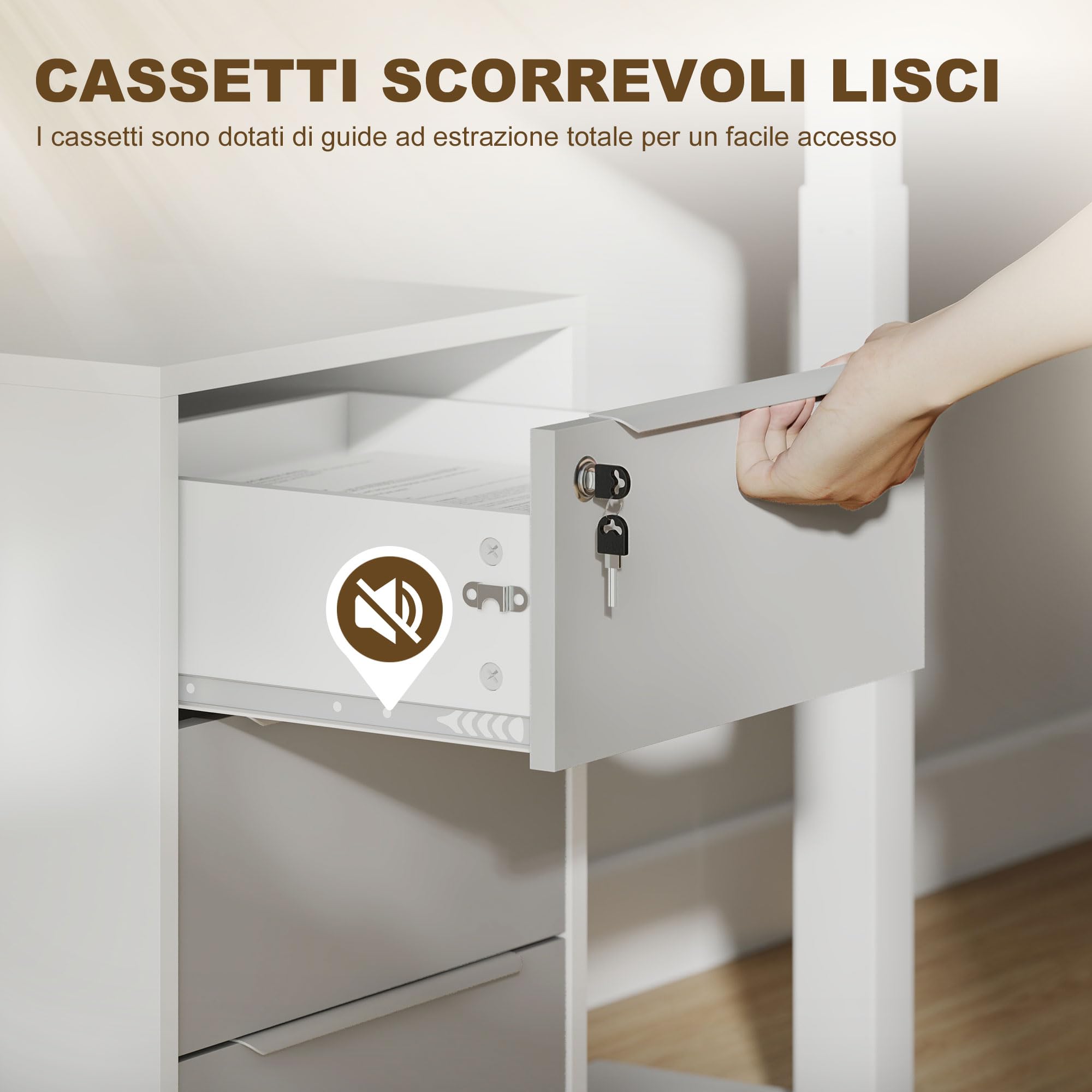 HOMCOM Schedario da Ufficio con 3 Cassetti, 4 Ruote, Cassettiera Ufficio con Serratura e 2 Chiavi per Lettera/Formato A4, Armadietto Verticale per Studio, 40x40x63.5 cm, Bianco e Grigio
