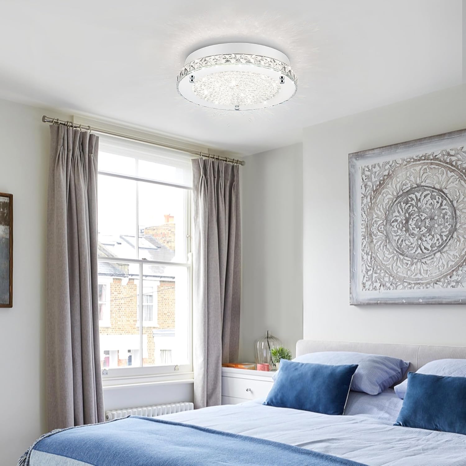 Crystal Ceiling Light Fixture 13 Inch Flush Mount Ceiling Light LED 4000K Dimmable Modern Ceiling Lamp for Bedroom Bathroom Kitchen Island