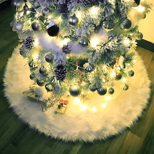 Woolous White Faux Fur Christmas Tree Skirt 48 Inch, Plush Round Xmas Tree Base 