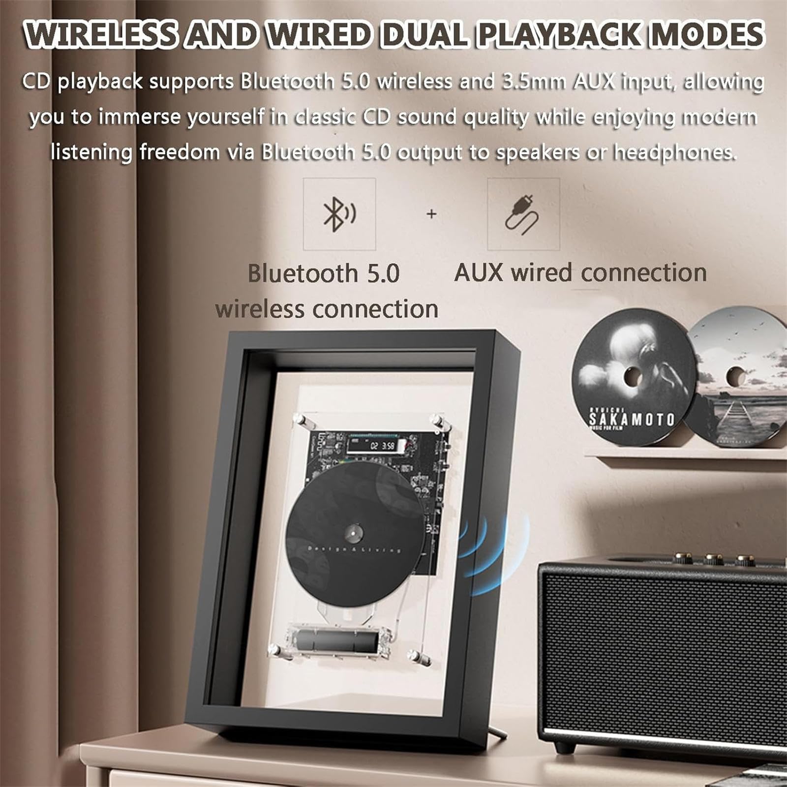 Lettore CD montabile a parete con telecomando, display digitale a LED, Bluetooth 5.0 e uscita AUX da 3,5 mm, design decorativo per foto, perfetto per casa e ufficio