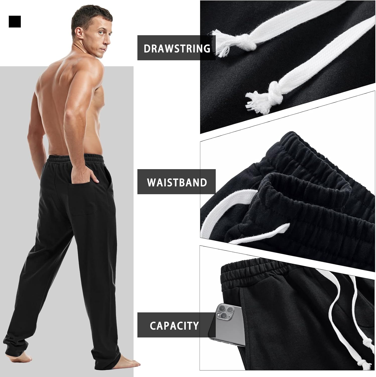 AMY COULEE Mens Cotton Athletic Pants Open Bottom Running Sweatpants Straight Leg Casual Joggers with Pockets - Image 4