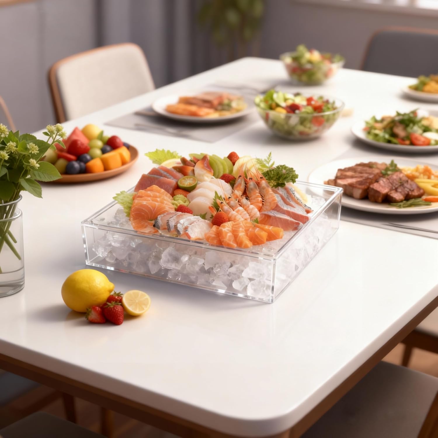 Ice Chilled Serving Tray with Ice Underneath, Acrylic Cold Food Buffet Server Platter for Party, Ice Serving Tray for Veggie, Cheese, Charcuterie, Shrimp Cocktail Serving Dish, Keep Food Cold