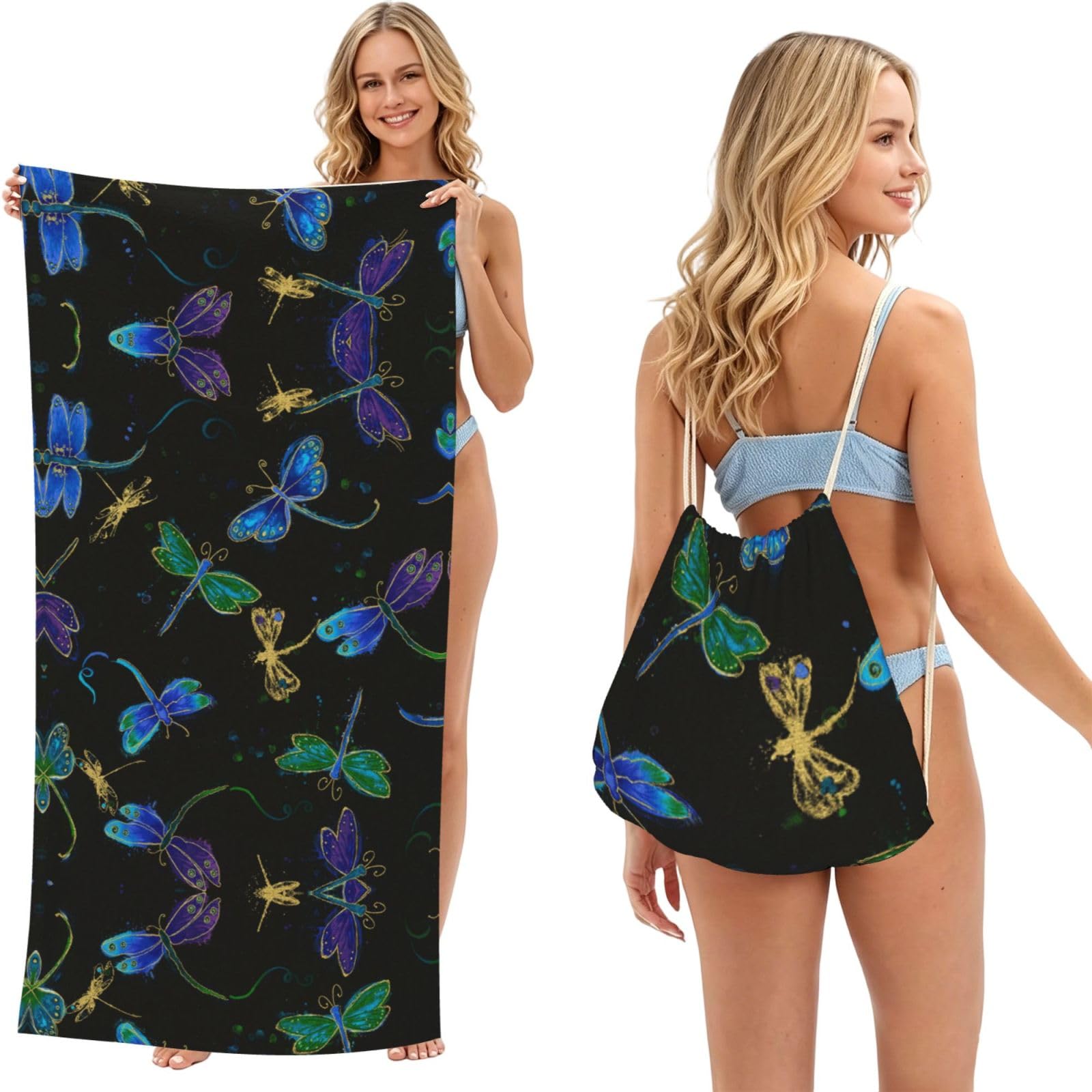 ESNAIUVCD Dragonfly Print Beach Towel For Adults,Towel With Drawstring Bag, Travel Pool Swimming Sports Shower Sand Free Quick Dry Bath Towel For Pool, Beach, Yoga- 180x60cm