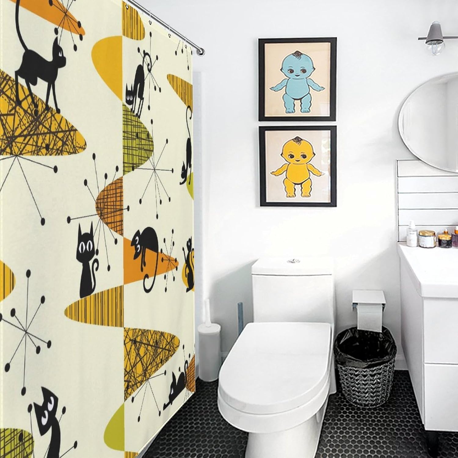 Cat Shower Curtains,Mid Century Retro Abstract Atomic Geometric Vintage Boho 1950s 1960s Pattern Print Yellow Bathroom Waterproof Fabric Bath Shower Curtain Set with Hooks,72x84Inch